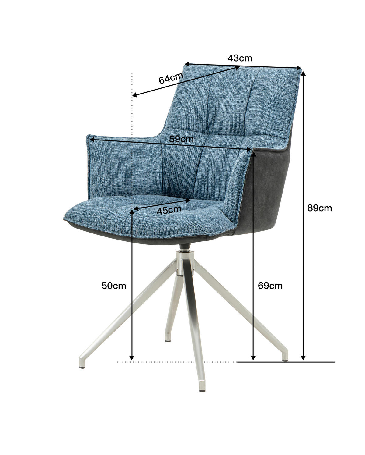 STOLIČKA S PODRÚČKAMI, ušľachtilá oceľ, mikrovlákno, vzhľad ľanu, antracitová, modrá - modrá/čierna, Design, kov/textil (59/89,5/63cm) - Novel