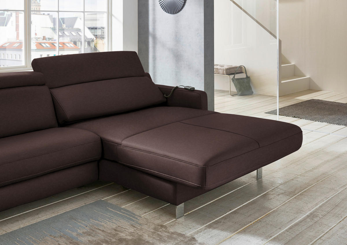 ECKSOFA in Echtleder Dunkelbraun  - Chromfarben/Dunkelbraun, Design, Leder/Metall (291/176cm) - Valdera
