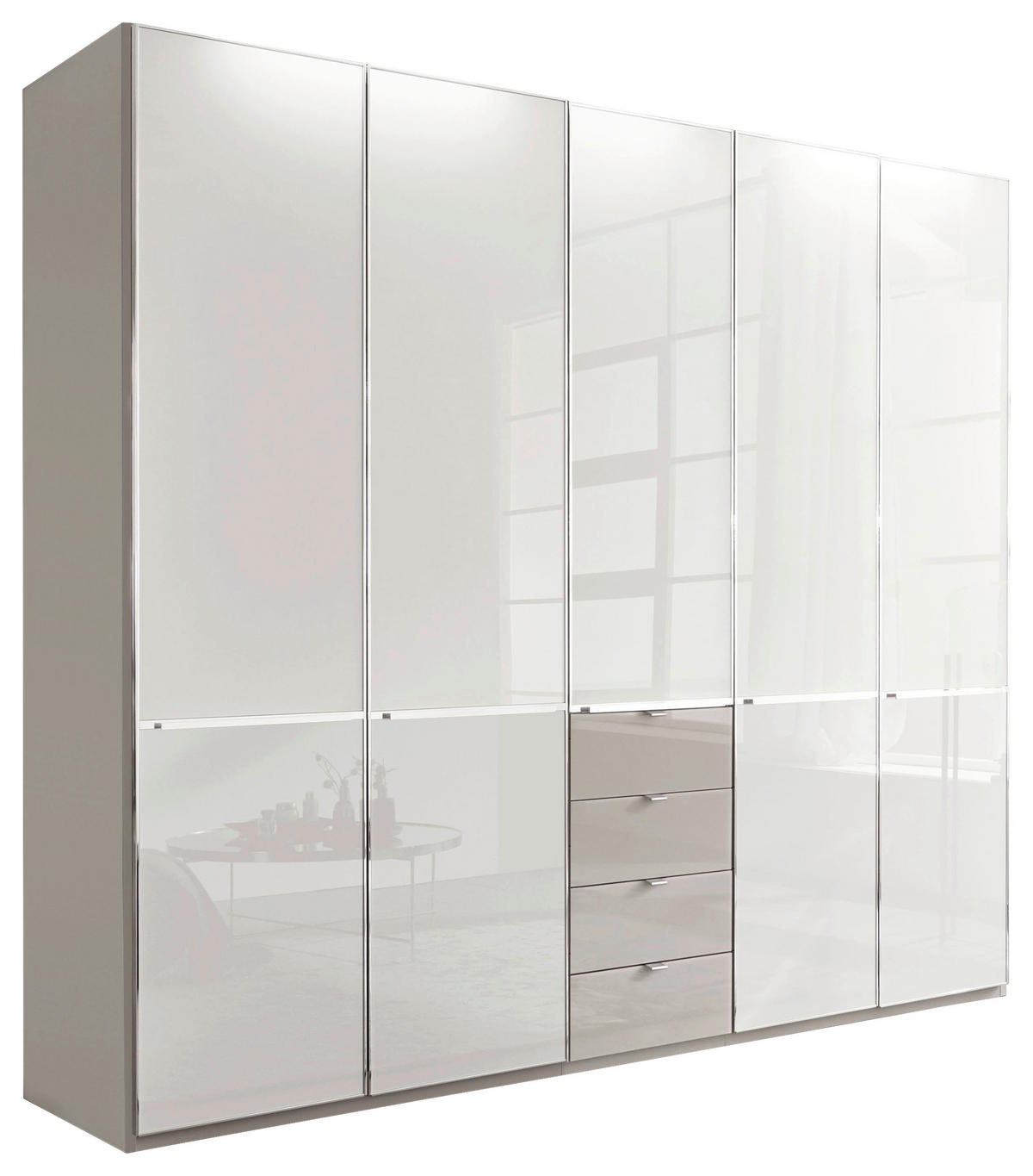 KLEIDERSCHRANK 250/216/58 cm,  in Grau, Weiß, 5-türig  - Chromfarben/Weiß, Design, Glas/Holzwerkstoff (250/216/58cm) - Novel