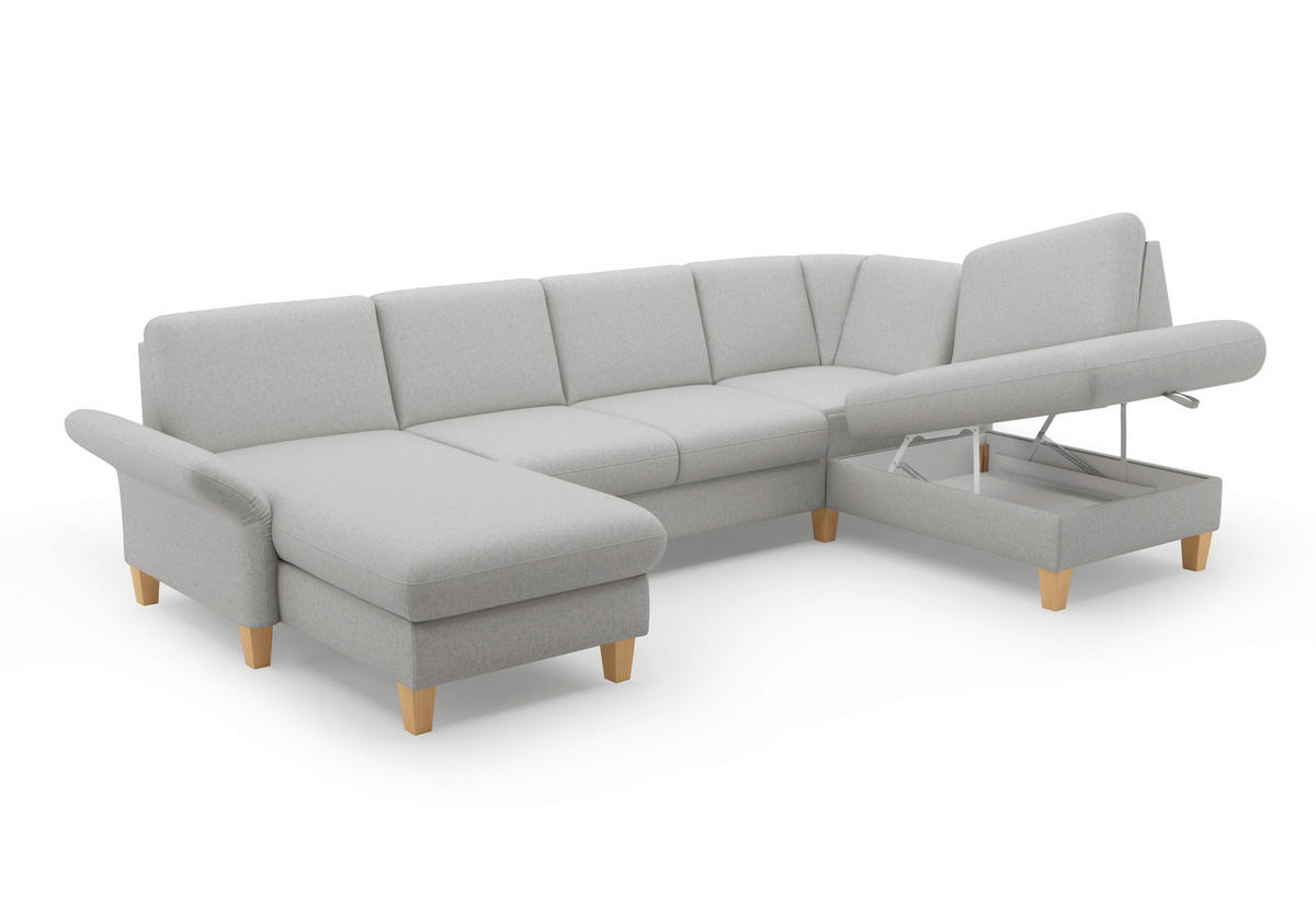 WOHNLANDSCHAFT Hellgrau Flachgewebe  - Eichefarben/Hellgrau, KONVENTIONELL, Holz/Textil (164/314/195cm) - Sit & More