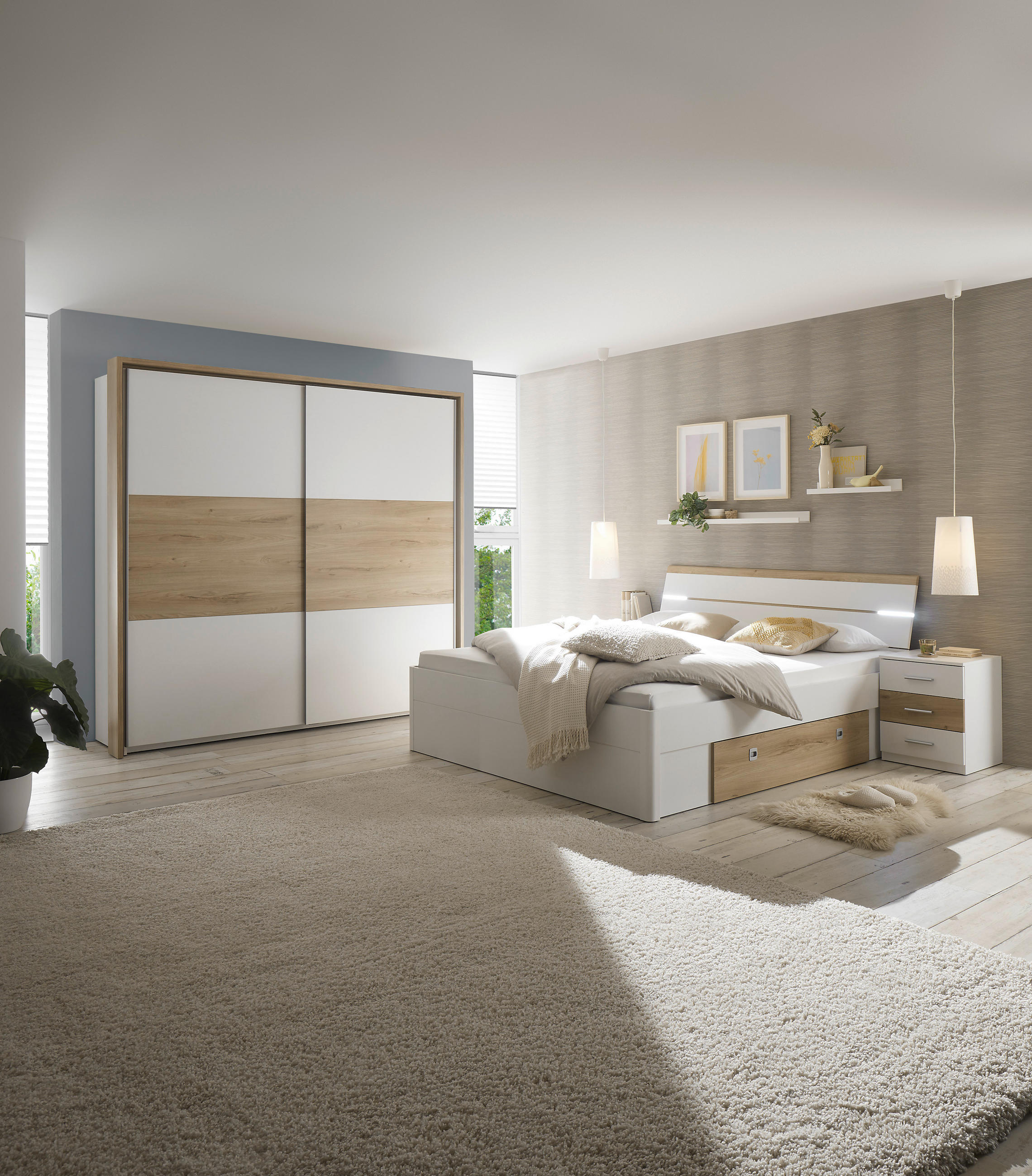 SCHLAFZIMMER Weiß, Eichefarben  - Eichefarben/Weiß, MODERN, Holzwerkstoff - Livetastic
