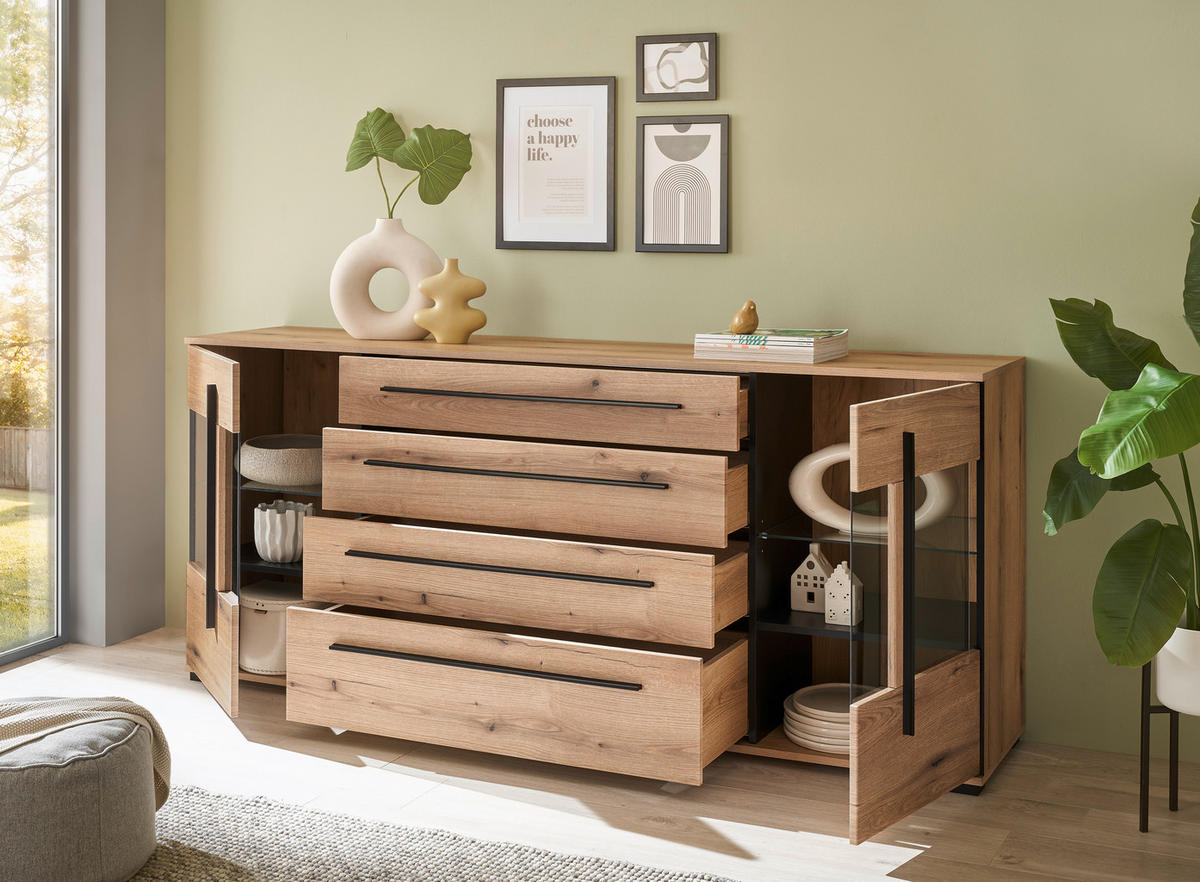 SIDEBOARD  200/86/42 cm 4 Schublade(n)  - Eichefarben/Schwarz, Design, Glas/Holzwerkstoff (200/86/42cm) - Livetastic