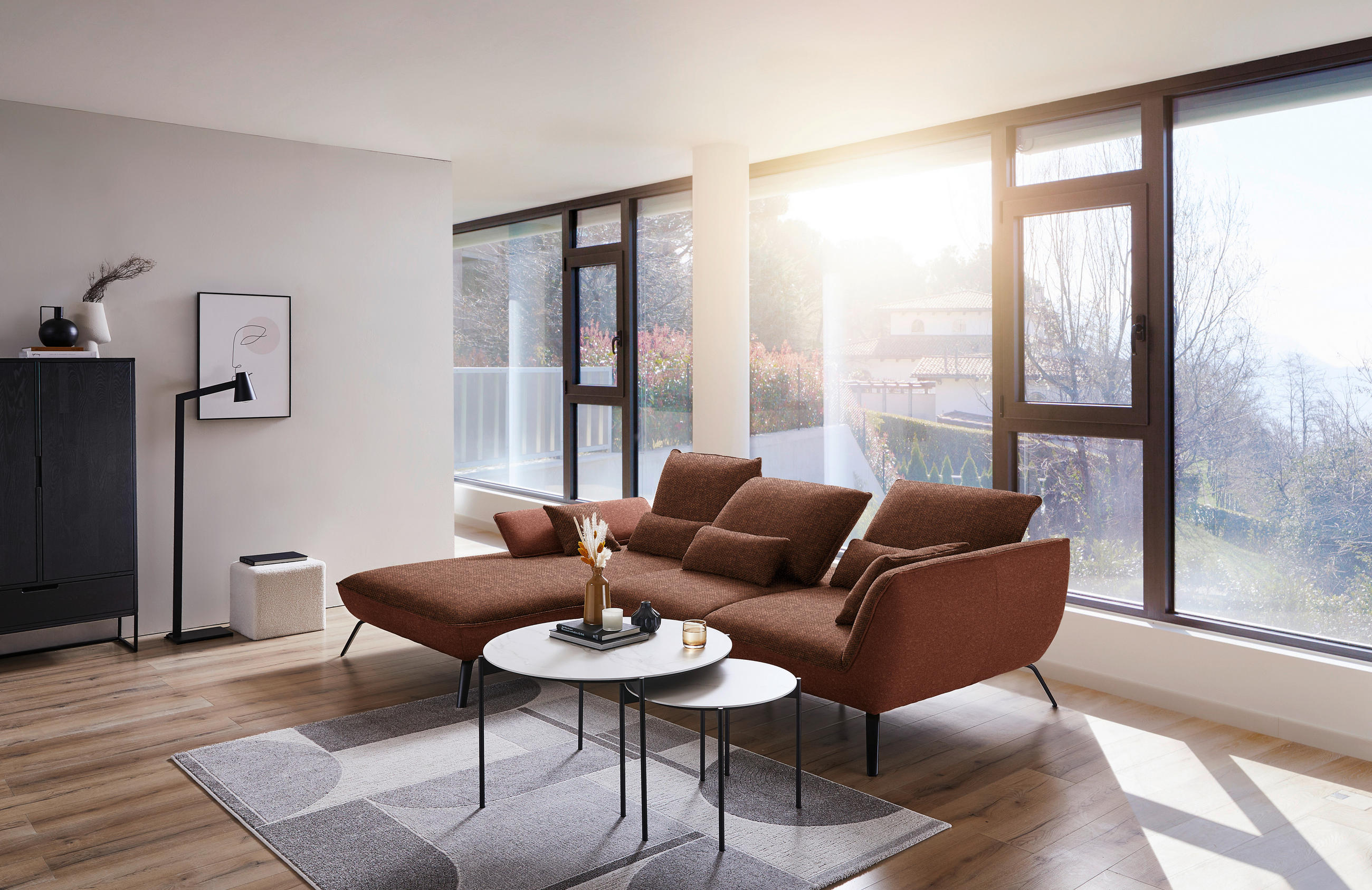 ECKSOFA in Flachgewebe Kupferfarben - Schwarz/Kupferfarben, Design, Textil/Metall (191/301cm) - Moderano
