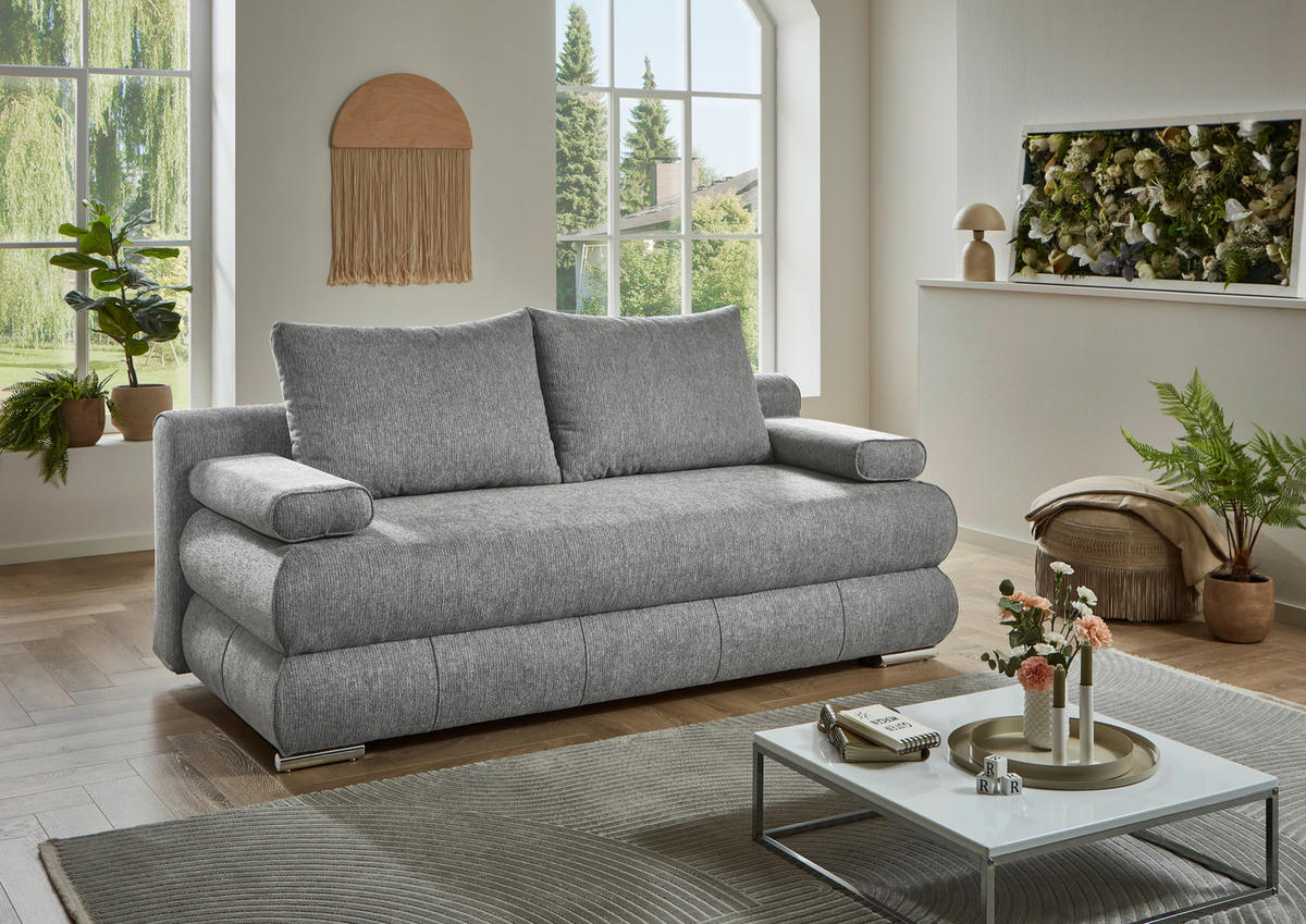 SCHLAFSOFA Webstoff Silberfarben  inkl. Rückenkissen, Armlehnenkissen, Bettkasten, Schlaffunktion, Rücken echt, Liegefläche im Originalstoff  - Edelstahlfarben/Silberfarben, KONVENTIONELL, Textil/Metall (199/95/97cm) - Carryhome
