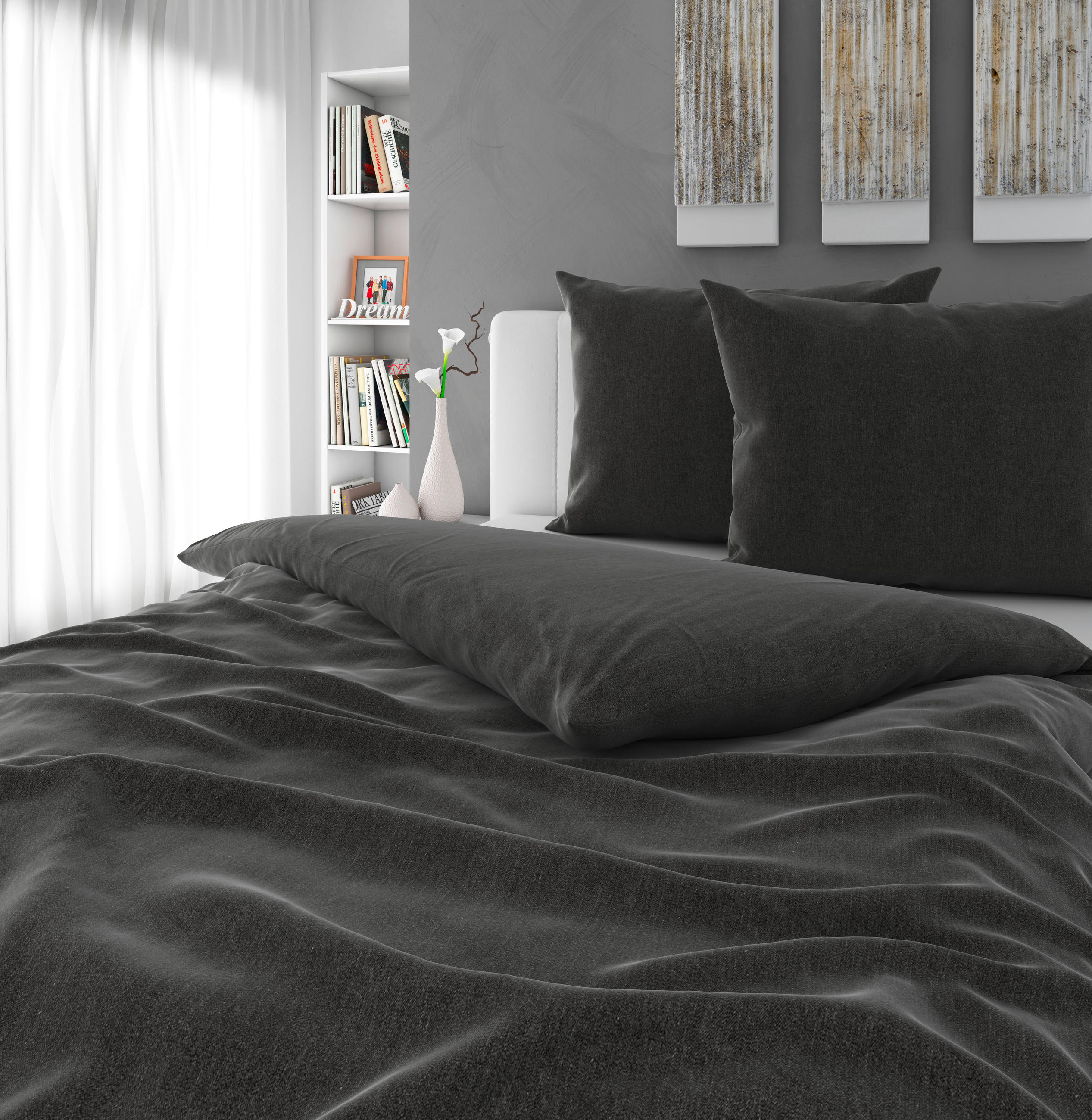 POSTELJNINA STONE WASH 200/200 cm saten temno siva  - temno siva, Konvencionalno, tekstil (200/200cm) - Novel