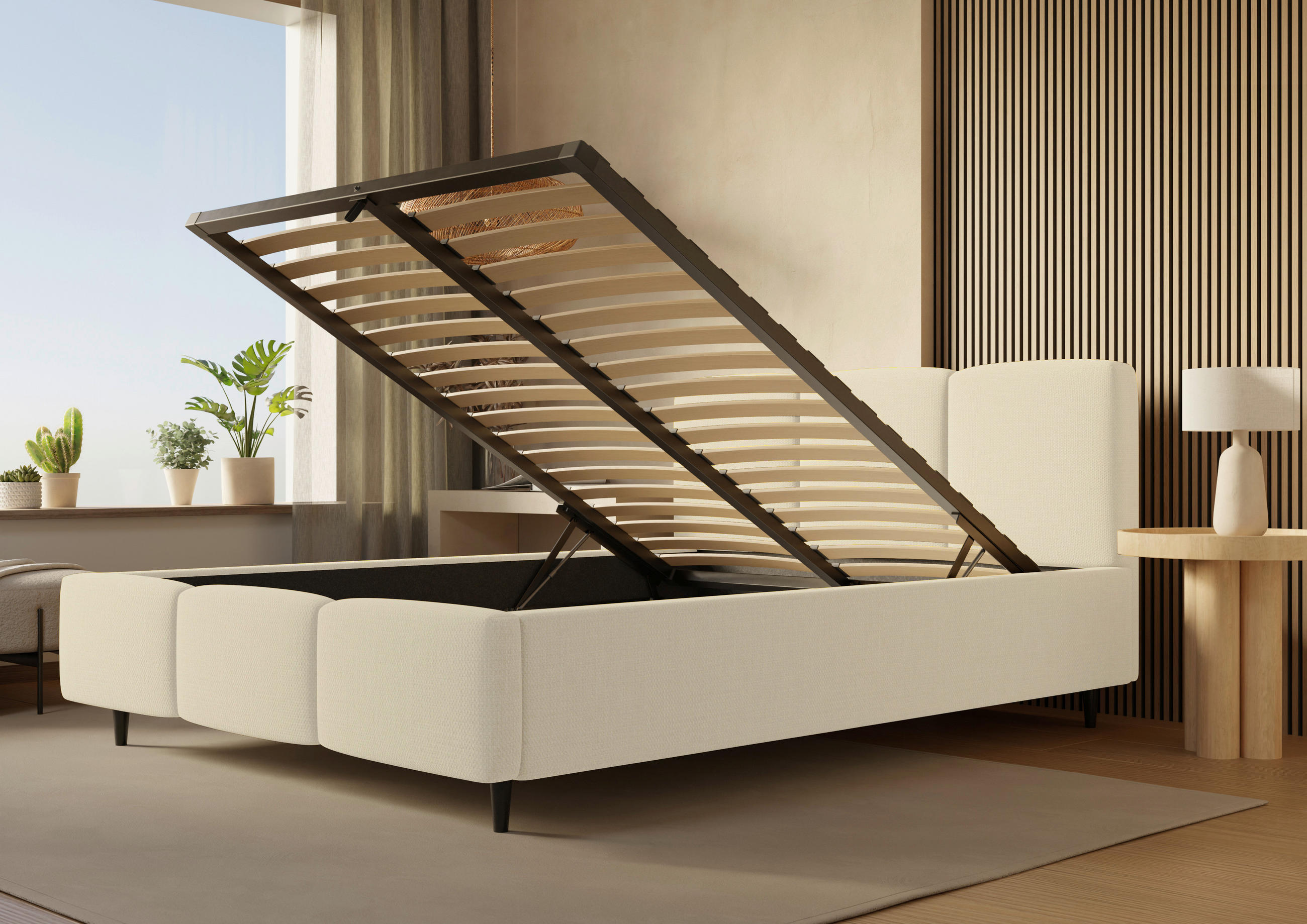 POLSTERBETT Bettkasten, Lattenrost 200/200 cm  in Creme  - Creme/Schwarz, Design, Holz/Textil (200/200cm) - Boxxx