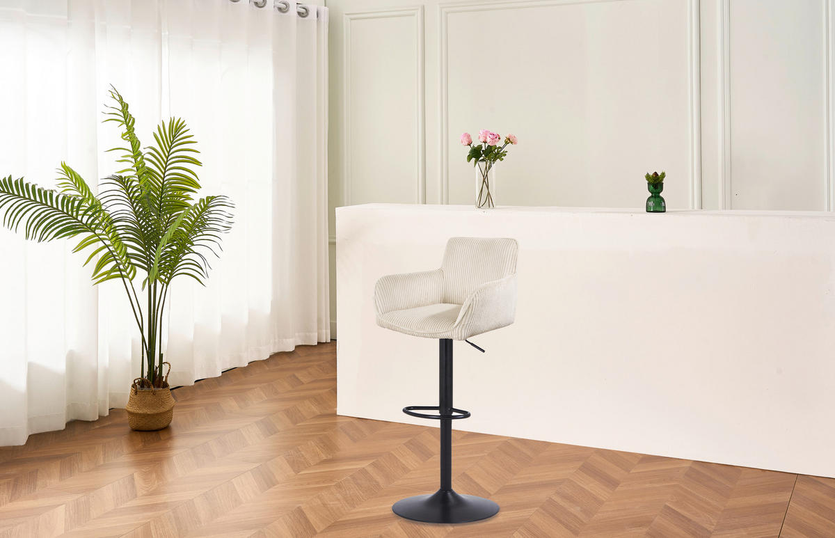 BARHOCKER Cord Schwarz, Beige Eisen Sitzfläche 360° drehbar, inklusive Armlehnen  - Beige/Schwarz, MODERN, Textil/Metall (55/91.5-113/52cm) - Livetastic