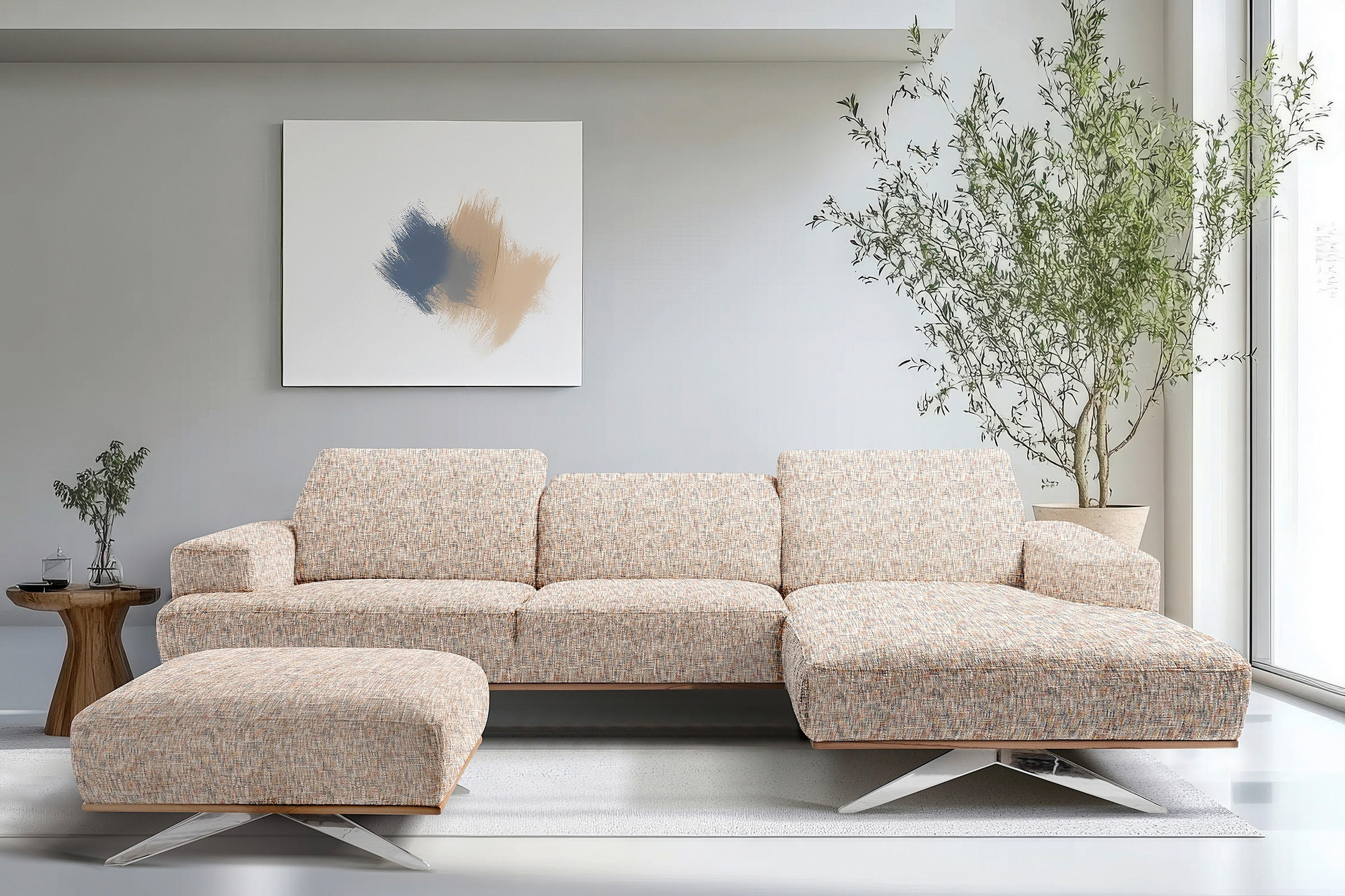 ECKSOFA PORTLAND in Struktur Blau, Gelb, Rot, Weiß Kopfteilverstellung  295/187 cm  - Chromfarben/Blau, Design, Holz/Textil (295/187cm) - Livetastic