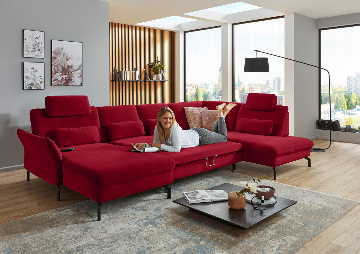 WOHNLANDSCHAFT Rot Velours  - Rot/Schwarz, Design, Textil/Metall (179/335/220cm) - Beldomo System