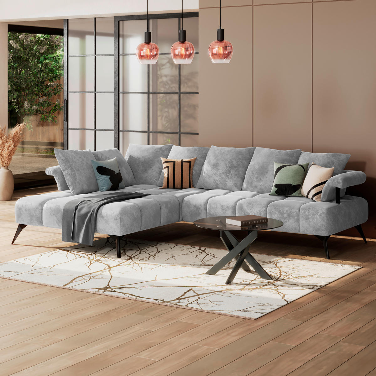 ECKSOFA VANESSA Hellgrau Flachgewebe  - Hellgrau/Schwarz, MODERN, Kunststoff/Textil (200/297cm) - Livetastic