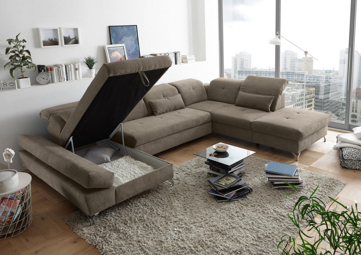 WOHNLANDSCHAFT in Mikrovelours Graubraun  - Graubraun/Silberfarben, Modern, Textil/Metall (168/350/245cm) - MID.YOU