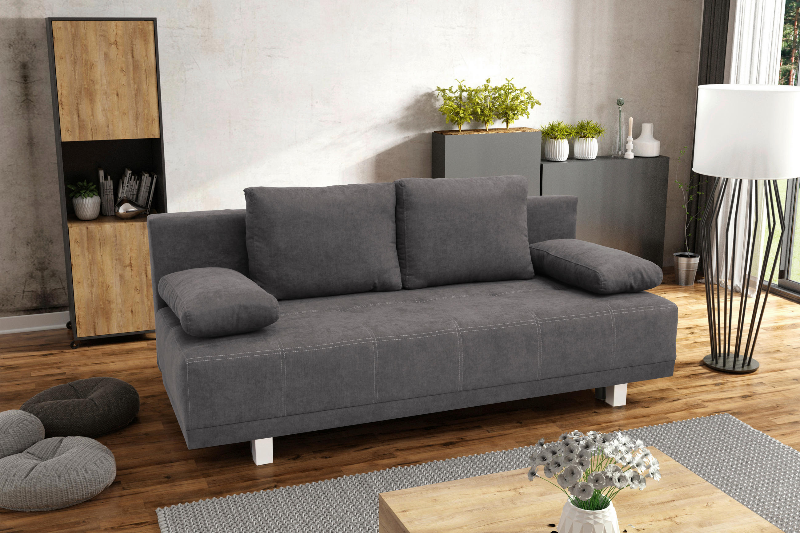 SCHLAFSOFA Samt Graubraun  - Chromfarben/Graubraun, Design, Kunststoff/Textil (194/77/89cm) - MID.YOU