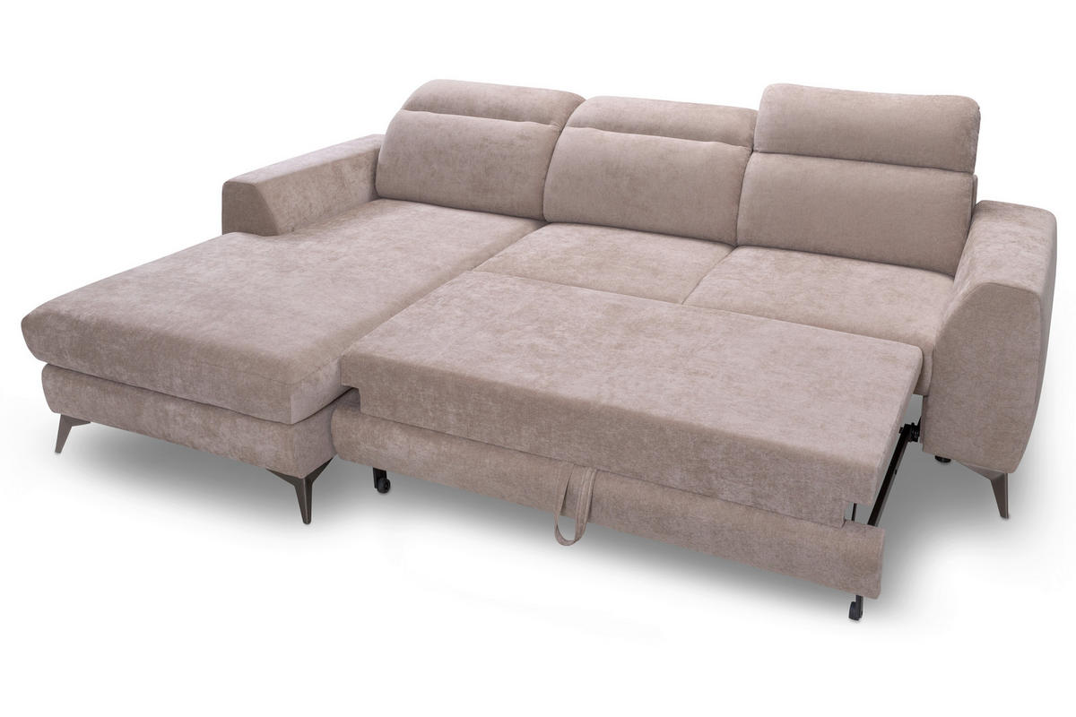 ECKSOFA MUENSTER Beige Chenille Bettkasten, Schlaffunktion, Kopfteilverstellung, Liegefläche im Originalstoff  - Beige/Schwarz, Basics, Textil/Metall (191/264cm) - Livetastic