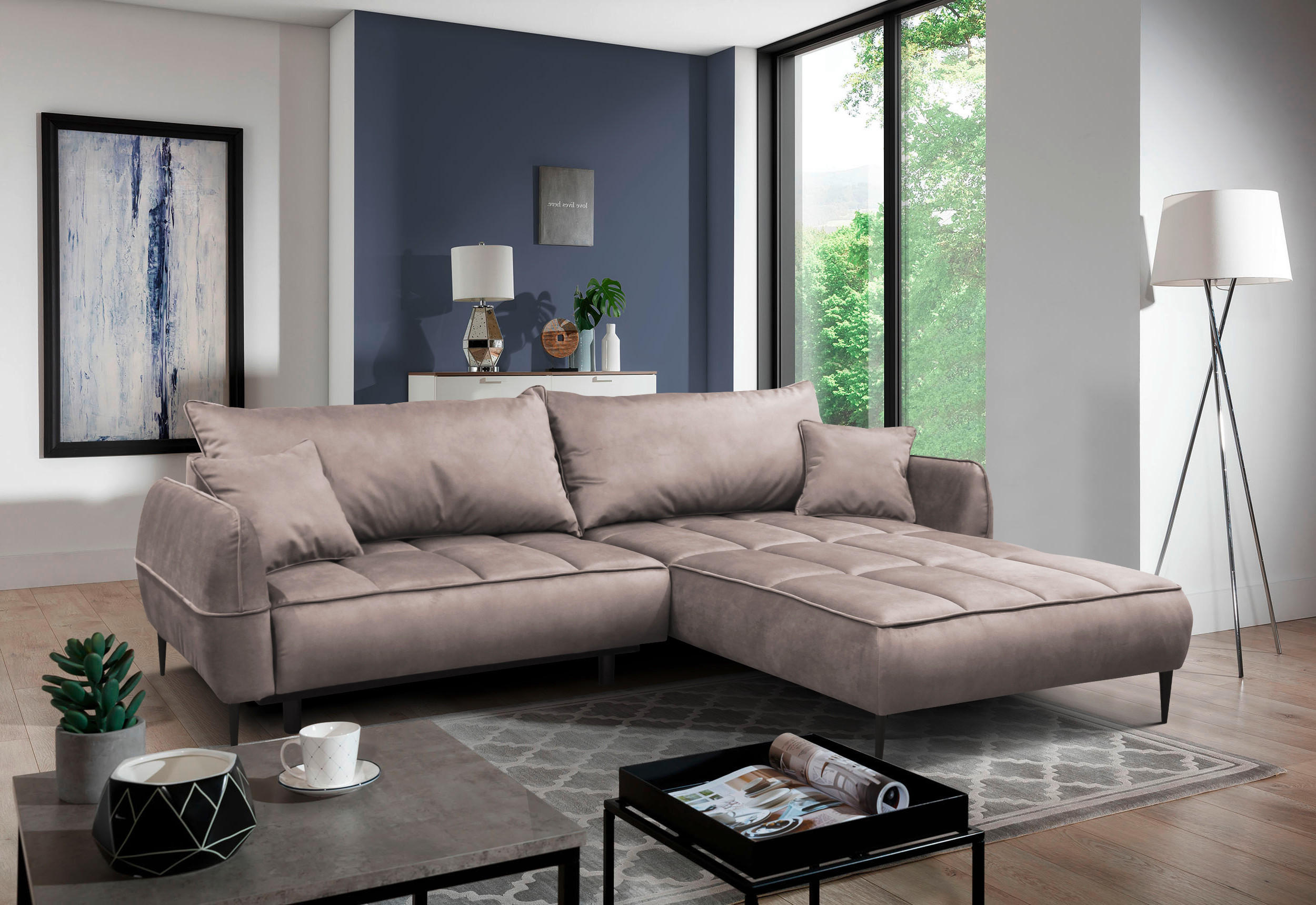 ECKSOFA in Velours Beige  260/189 cm  - Beige/Schwarz, Design, Textil/Metall (260/189cm) - MID.YOU