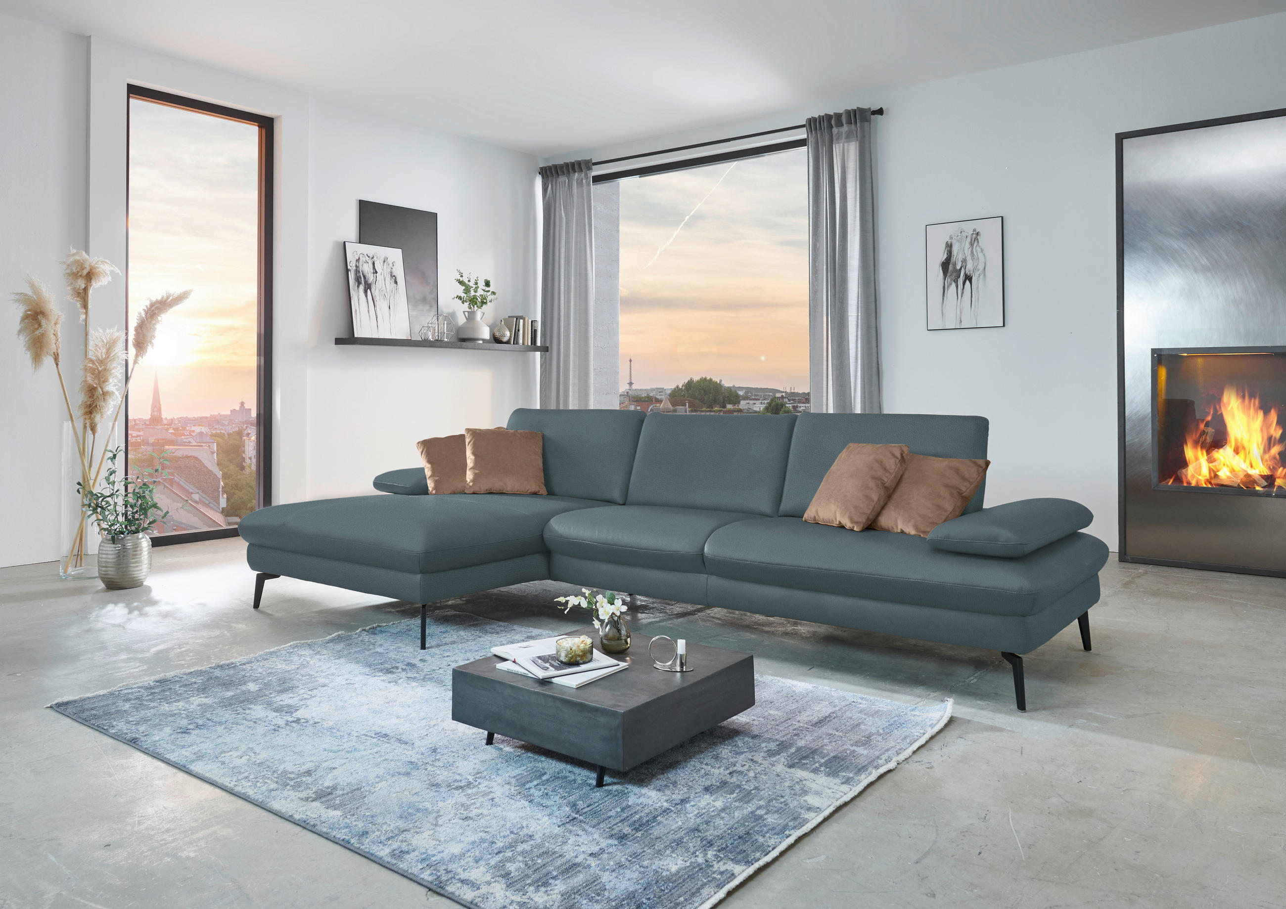 ECKSOFA in Echtleder Grau  - Schwarz/Grau, Design, Leder/Metall (157/325cm) - Dieter Knoll