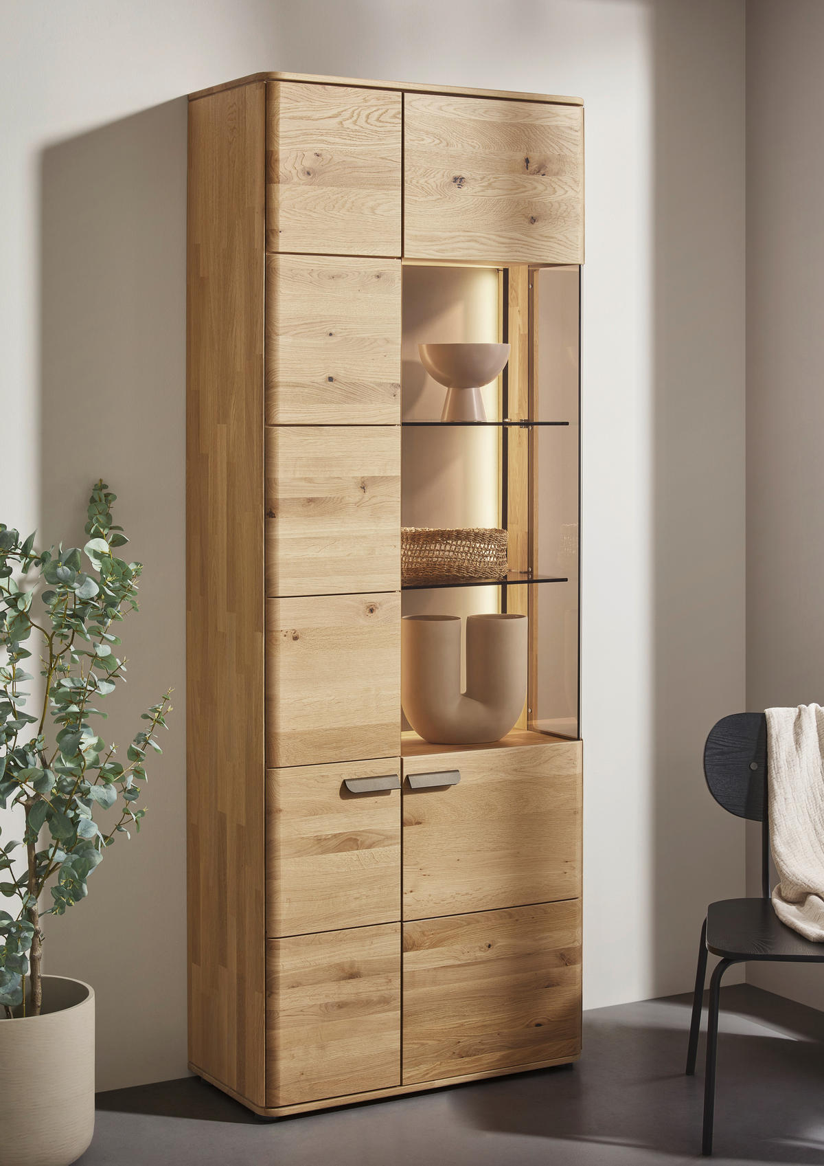 VITRINE  in massiv Wildeiche Wildeiche - Wildeiche/Schwarz, Natur, Glas/Holz (76,9/207/37,1cm) - Valnatura