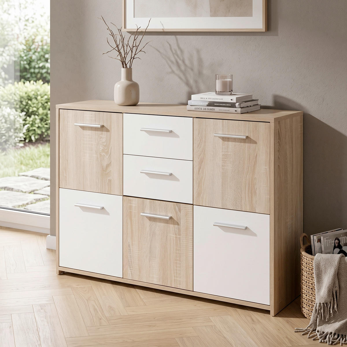 BYRÅ 115/77/30 cm  - vit/Sonoma ek, Basics, trämaterial/plast (115/77/30cm) - MID.YOU
