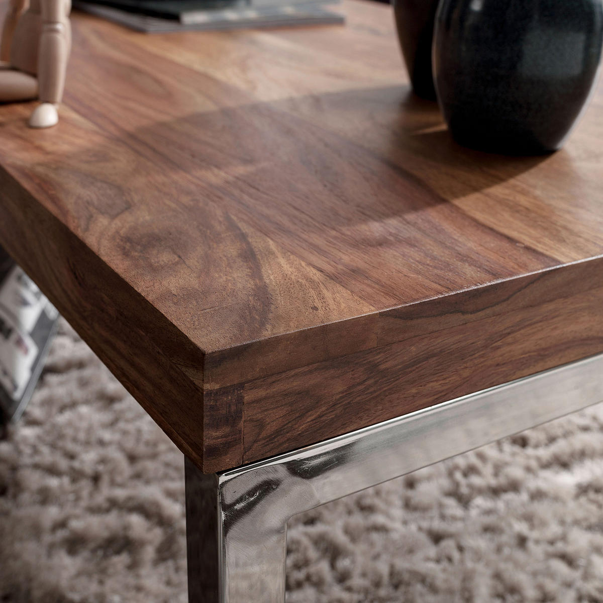 COUCHTISCH Sheesham massiv 120/60/40 cm rechteckig Sheeshamfarben  - Chromfarben/Sheeshamfarben, Design, Holz/Metall (120/60/40cm) - MID.YOU