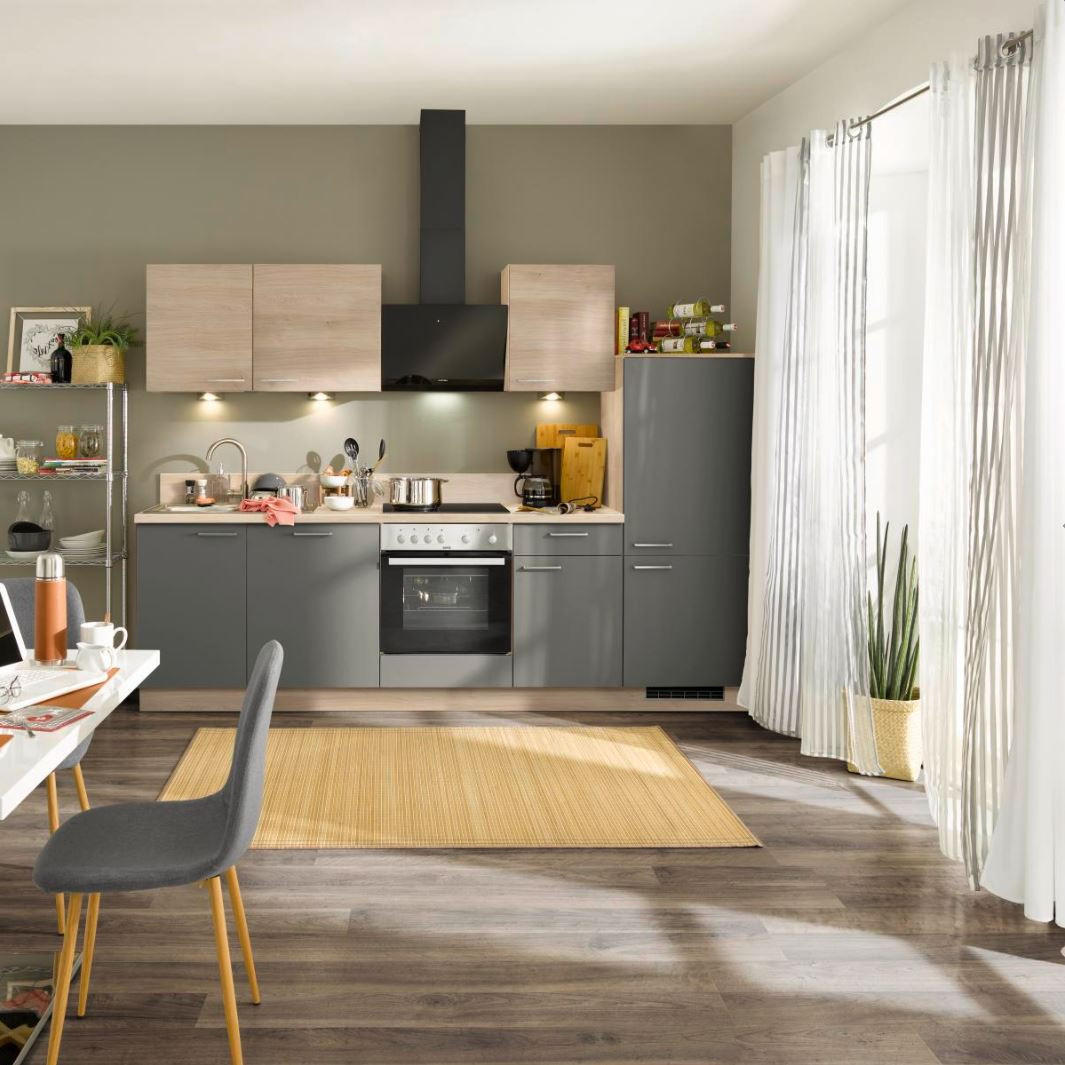 Küchenzeile Win/Plan Mit Geräten 280 cm Anthrazit/Eiche