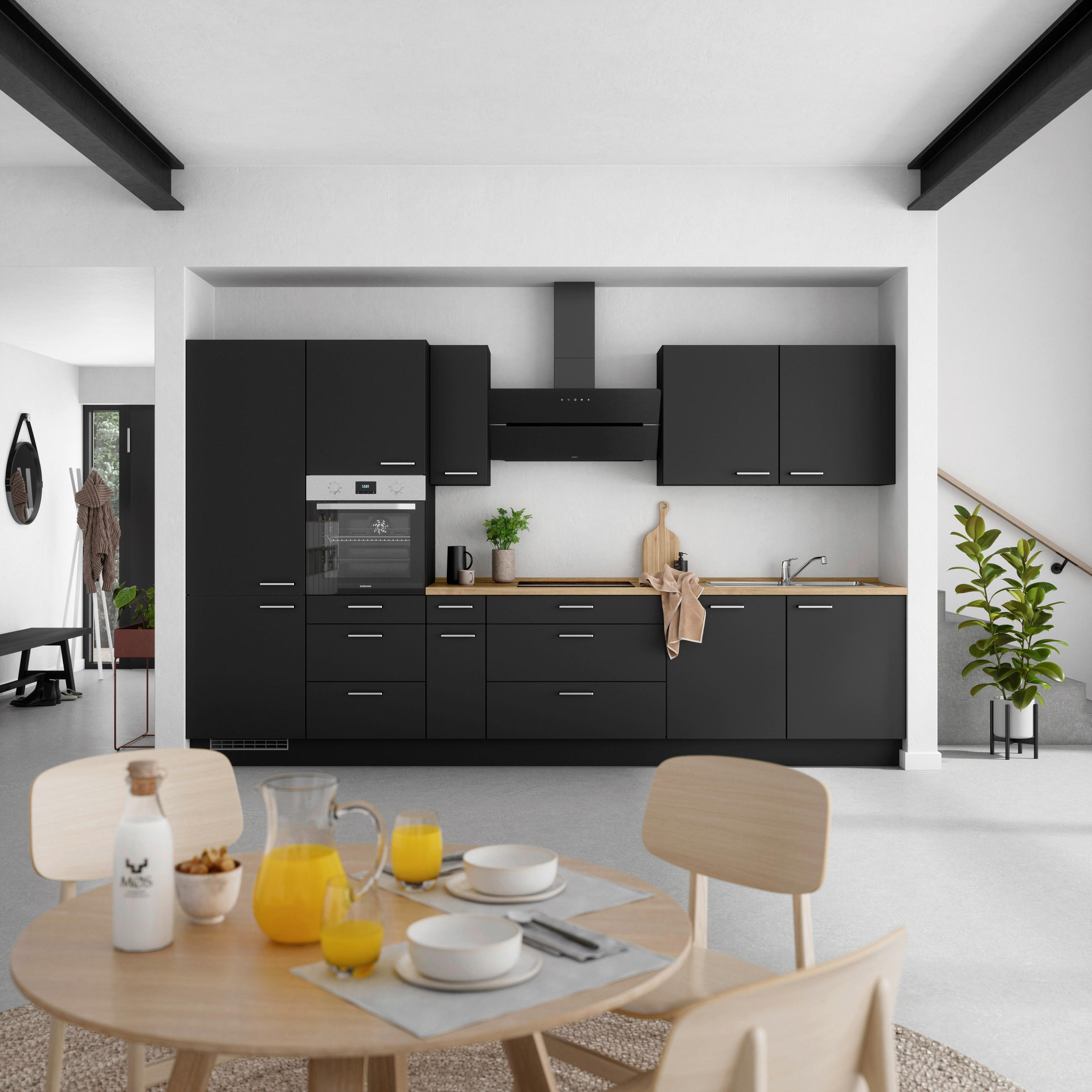 KÜCHENBLOCK 360 cm   in Schwarz, Eichefarben  - Edelstahlfarben/Eichefarben, MODERN, Holzwerkstoff/Metall (360cm) - Nobilia