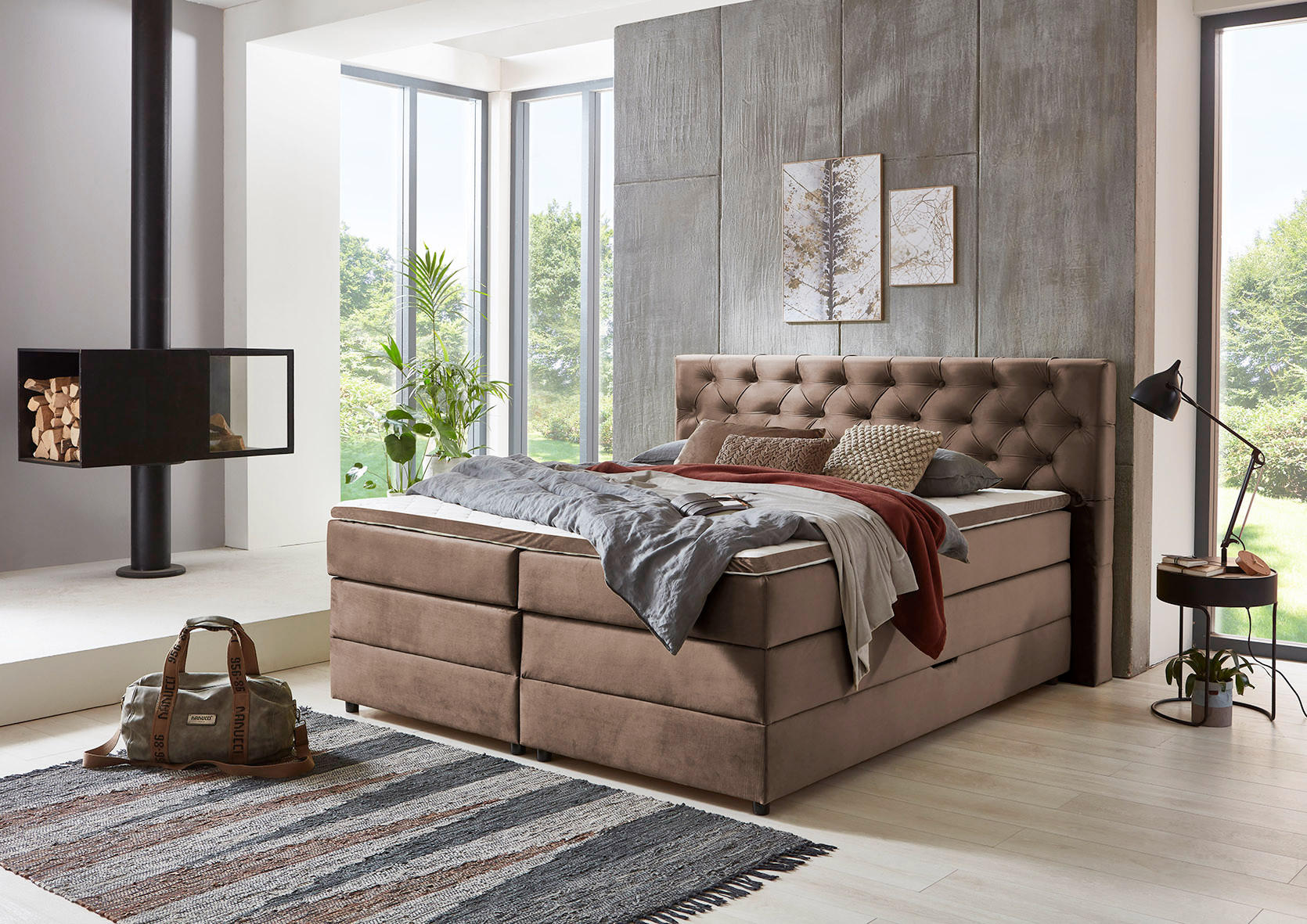 BOXSPRING KREVET - bež/crna, Moderno, tekstil/plastika (160/120/200cm)
