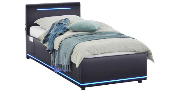 POLSTERBETT 90/200 cm,  in Schwarz, Beleuchtung, Lattenrost, Bettkasten,  - Birkefarben/Buchefarben, Design, Holz/Kunststoff (90/200cm) - Xora