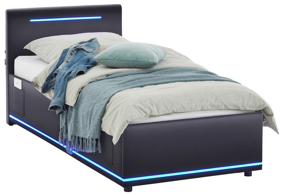 POLSTERBETT 90/200 cm,  in Schwarz, Beleuchtung, Lattenrost, Bettkasten,  - Birkefarben/Buchefarben, Design, Holz/Kunststoff (90/200cm) - Xora