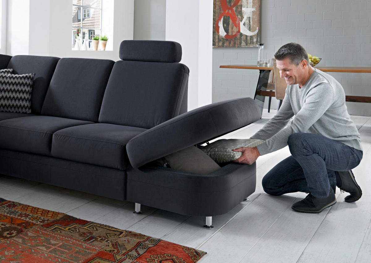ECKSOFA in Flachgewebe Anthrazit  - Anthrazit/Alufarben, Konventionell, Textil/Metall (269/289cm) - Beldomo System