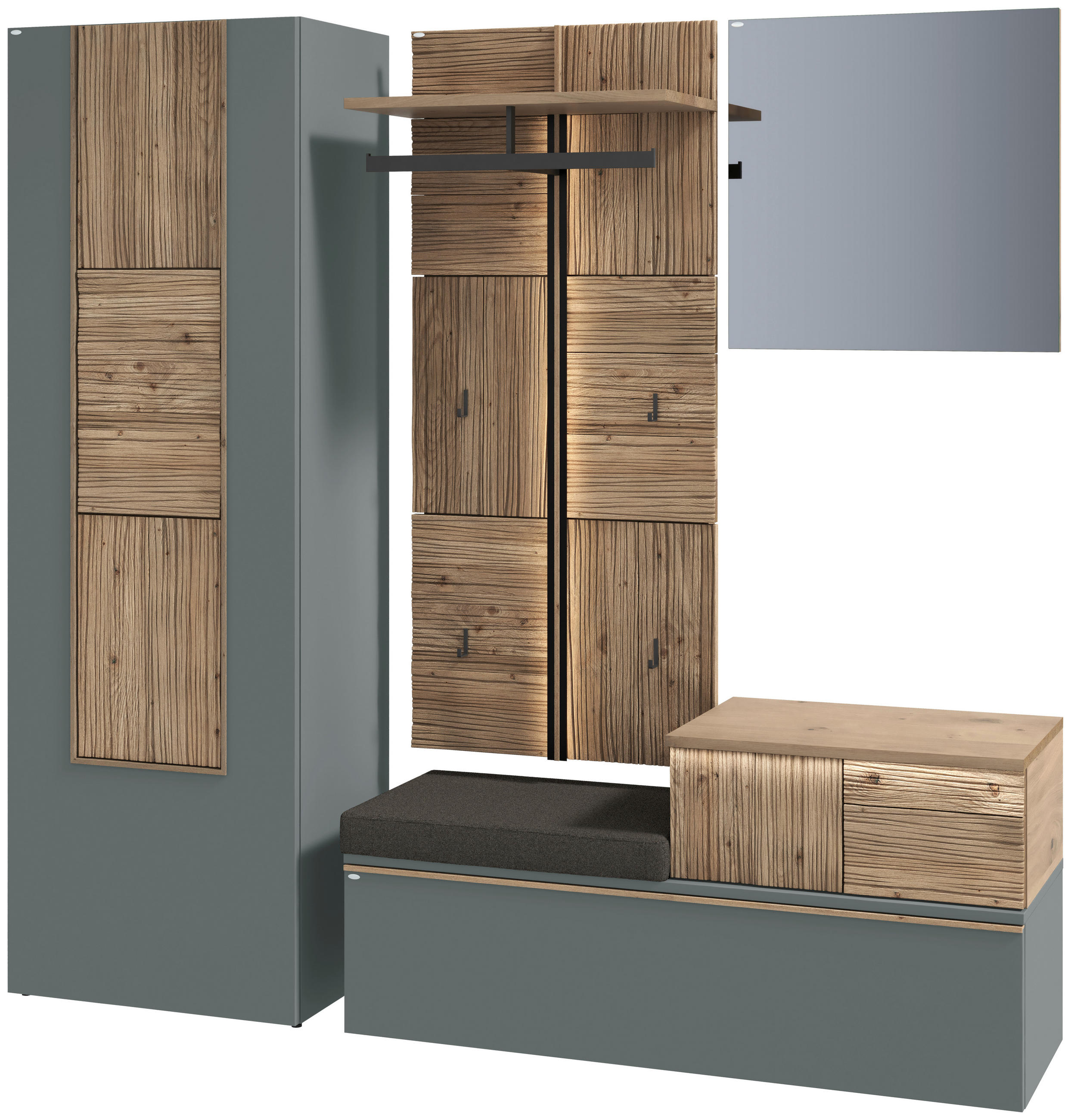 GARDEROBE 4-teilig  in 208/194/42,9 cm  - Wildeiche/Graugrün, Design, Glas/Holz (208/194/42,9cm) - Voglauer