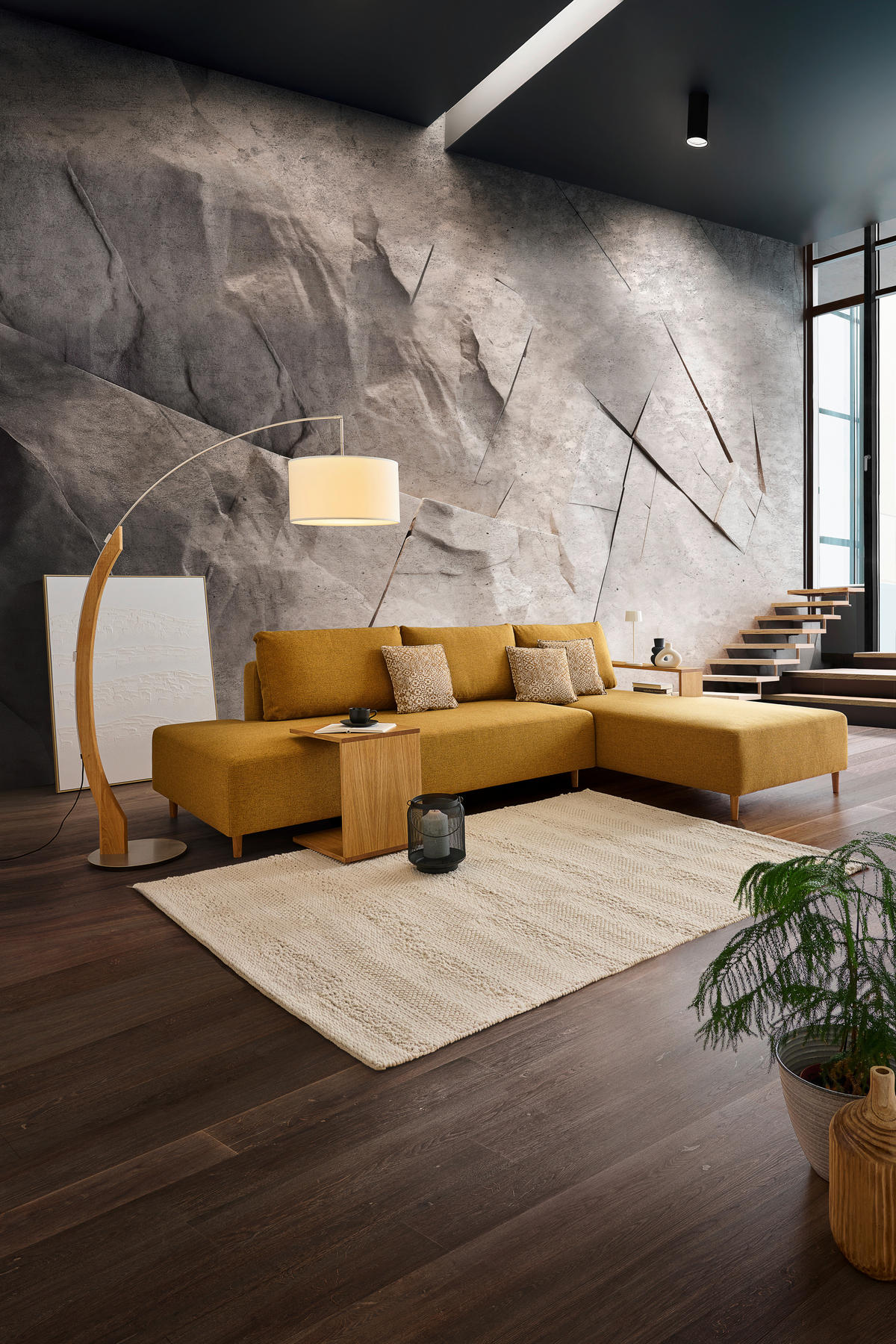 ECKSOFA in Flachgewebe Gelb  - Eichefarben/Gelb, Design, Holz/Textil (307/190cm) - Joka
