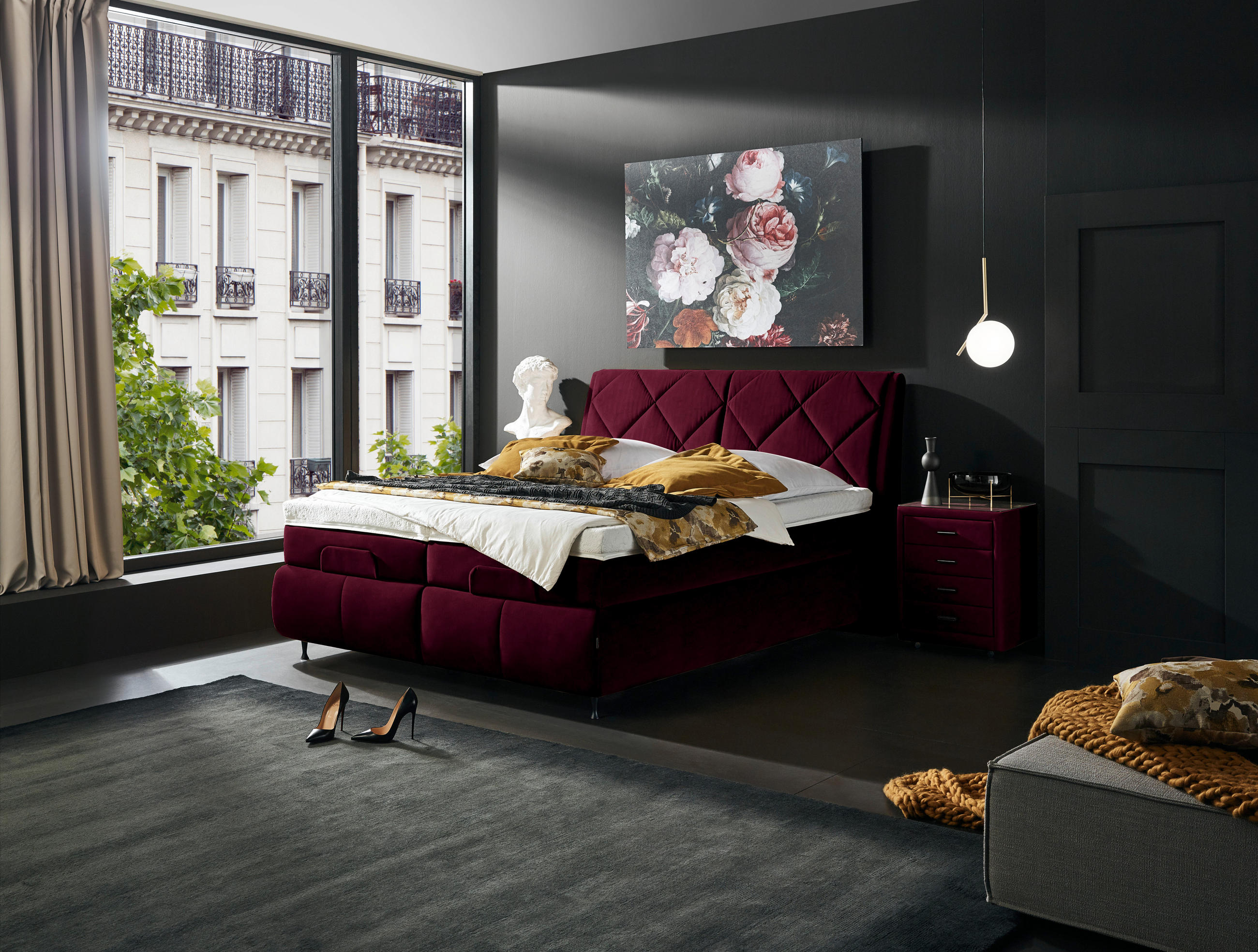 BOXSPRINGBETT 180/200 cm  in Bordeaux  - Bordeaux/Schwarz, Konventionell, Textil/Metall (180/200cm) - Dieter Knoll