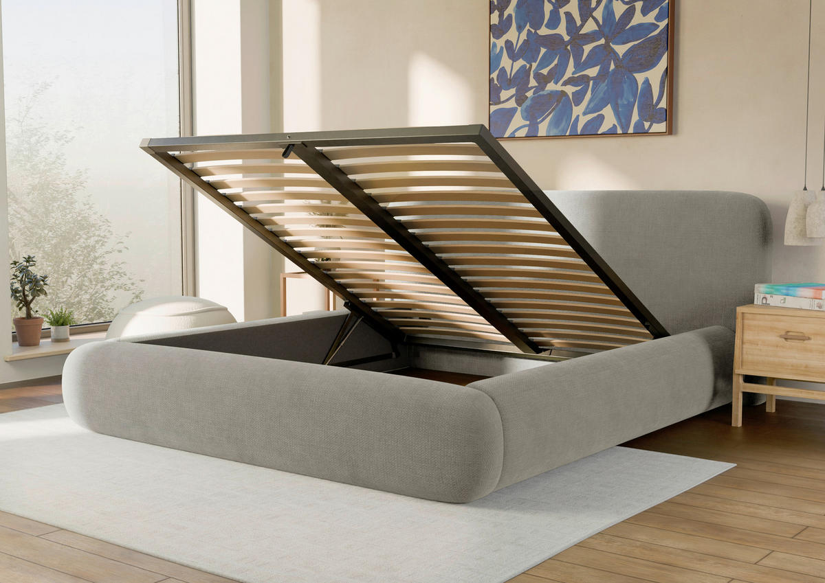POLSTERBETT 160/200 cm,  in Hellgrau, gepolstertes Kopfteil, Lattenrost, Bettkasten,  - Hellgrau/Schwarz, Design, Holz/Textil (160/200cm) - Chameo