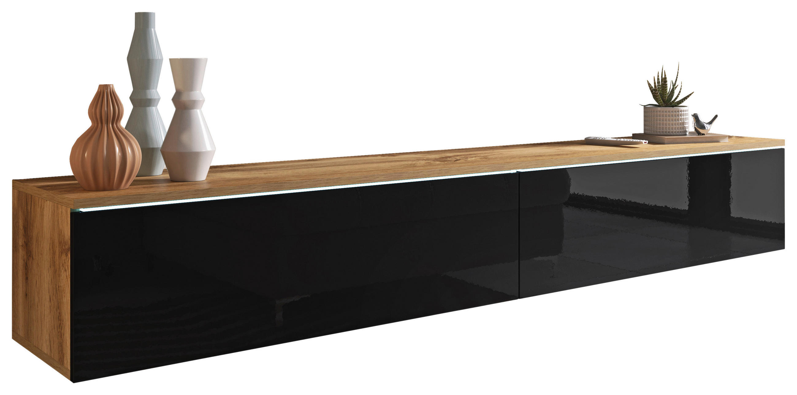 TV-BÄNK D180 i 180/30/33 cm - svart högglans/ek Wotan, Lifestyle, trämaterial/plast (180/30/33cm) - P & B