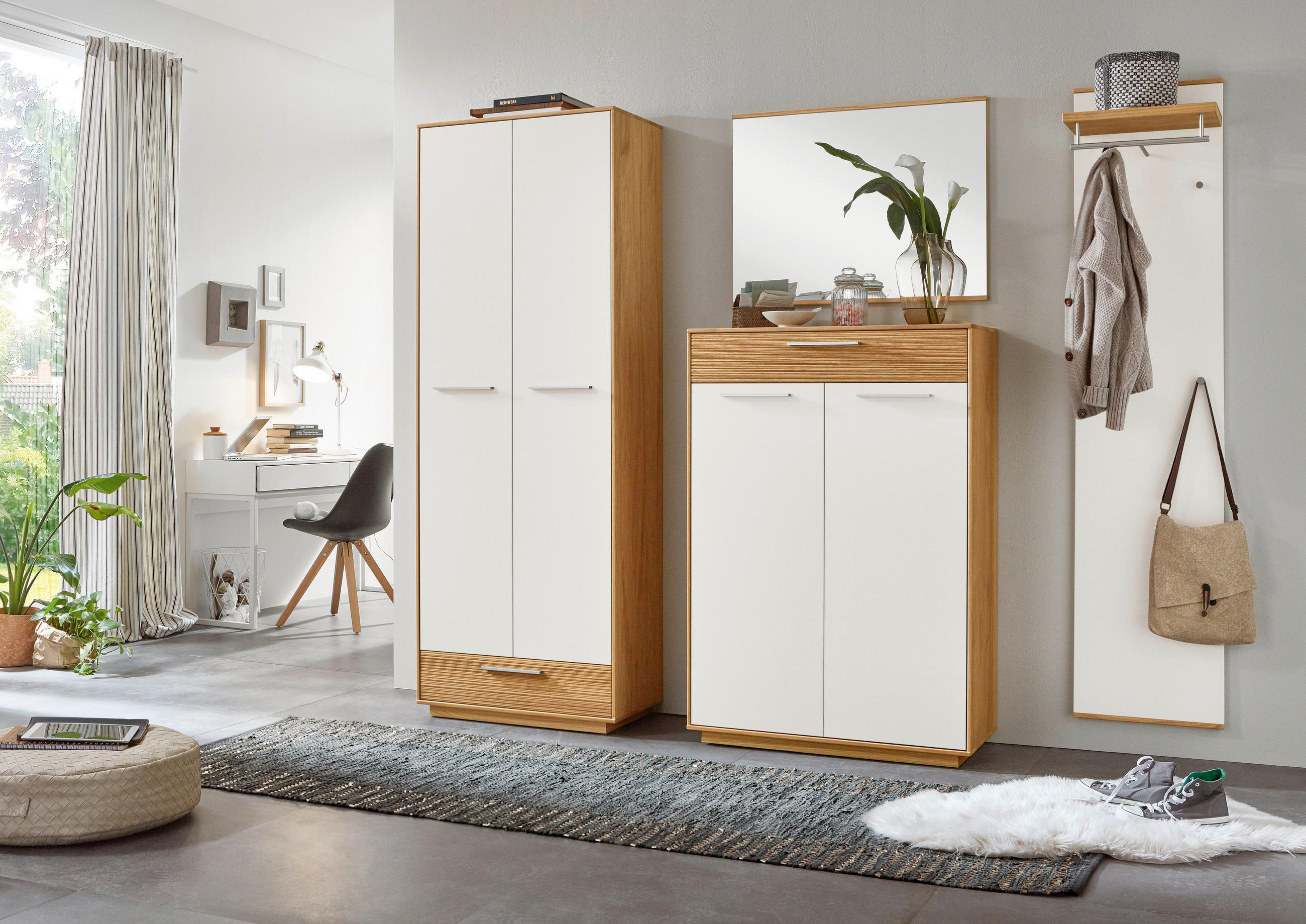 Thumbnail - Garderobe, Weiß, Eiche, Holz, Holzwerkstoff, 4-teilig, Eiche, furniert, massiv, teilmassiv, 220x195x37 cm, Goldenes M, M...