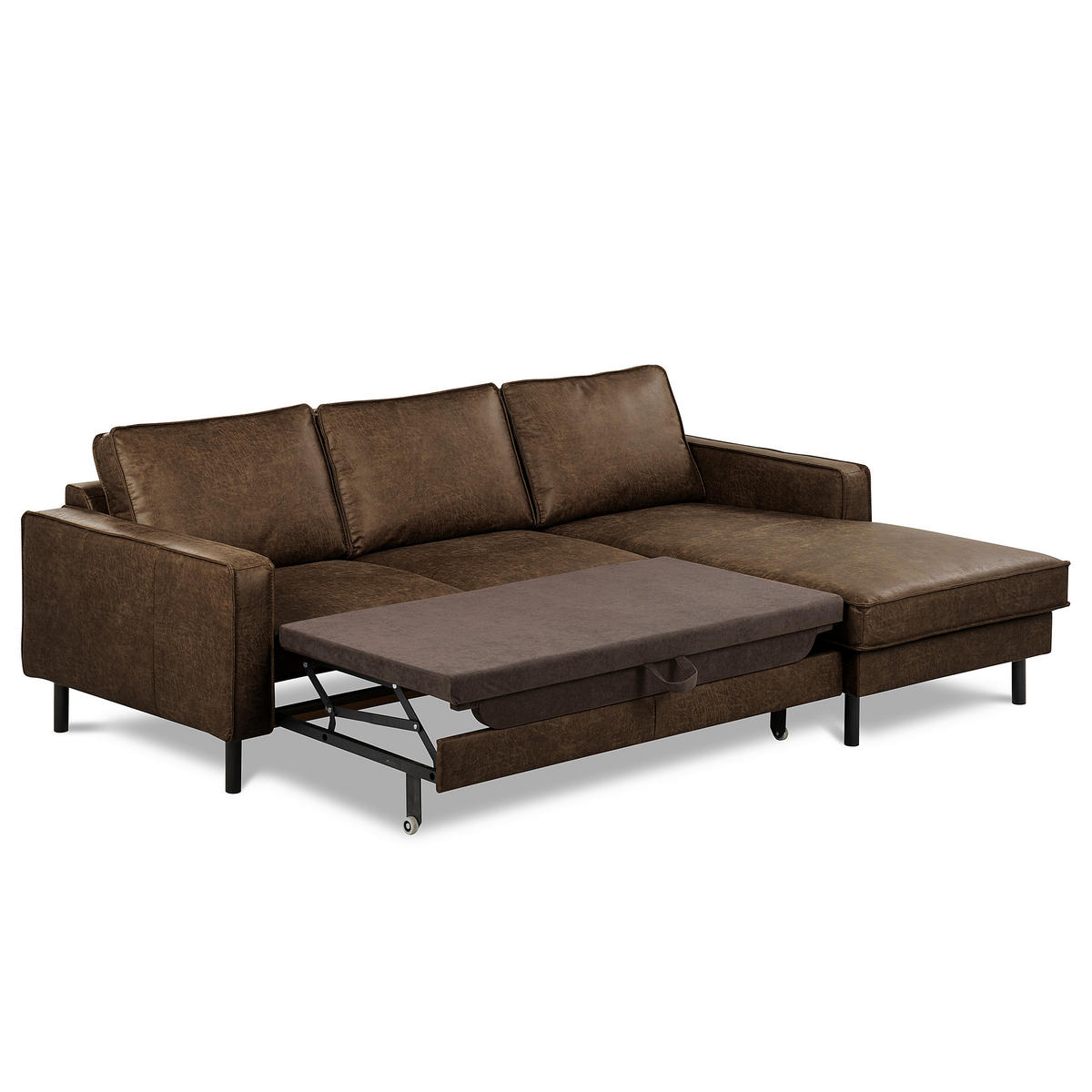 ECKSOFA Dunkelbraun Echtleder Lederlook Bettkasten, Schlaffunktion, Rücken echt  - Dunkelbraun/Schwarz, Design, Leder/Textil (166/238cm) - Livetastic