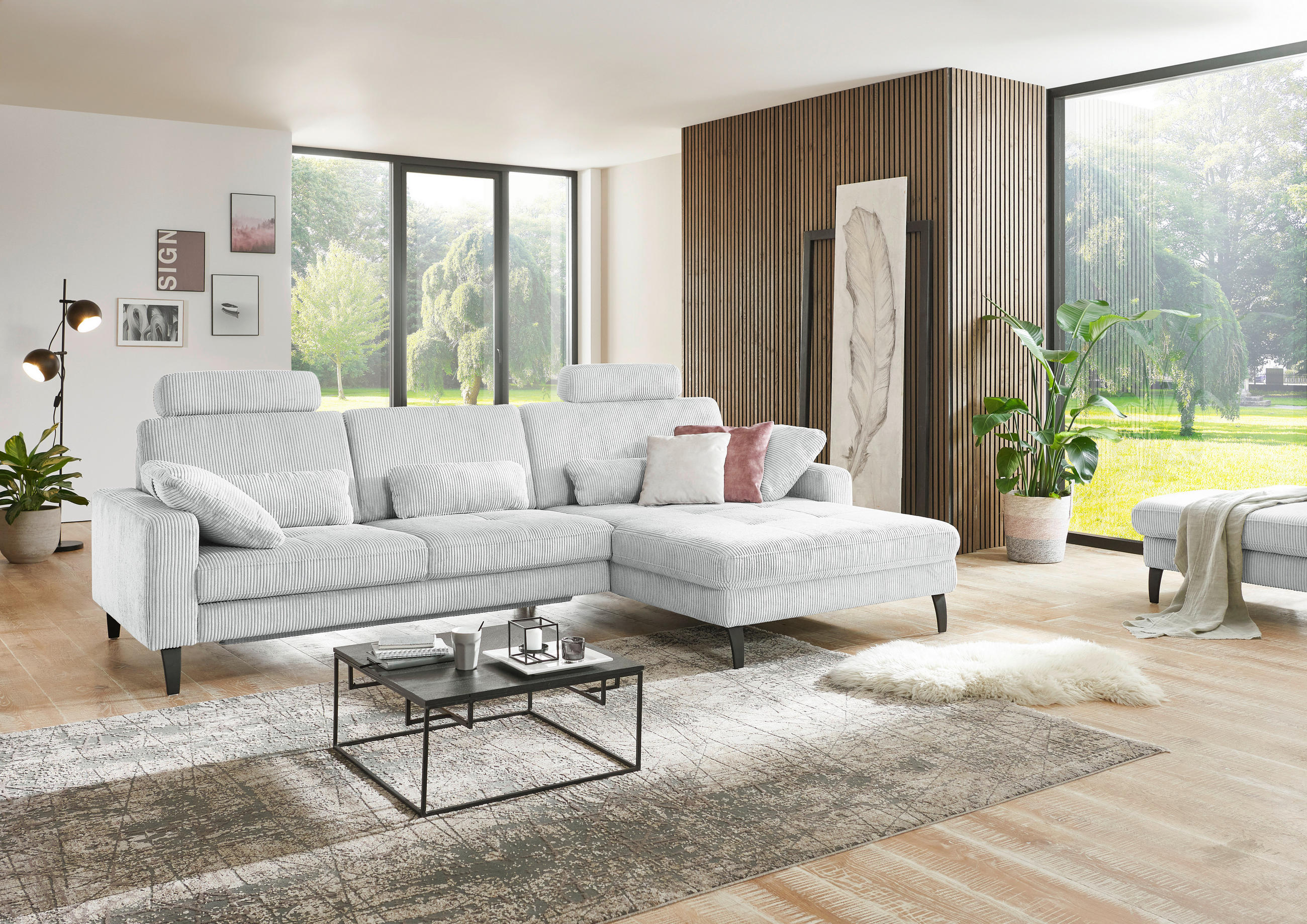 ECKSOFA in Cord Silberfarben  - Silberfarben/Schwarz, Modern, Textil/Metall (302/177cm) - Beldomo Style