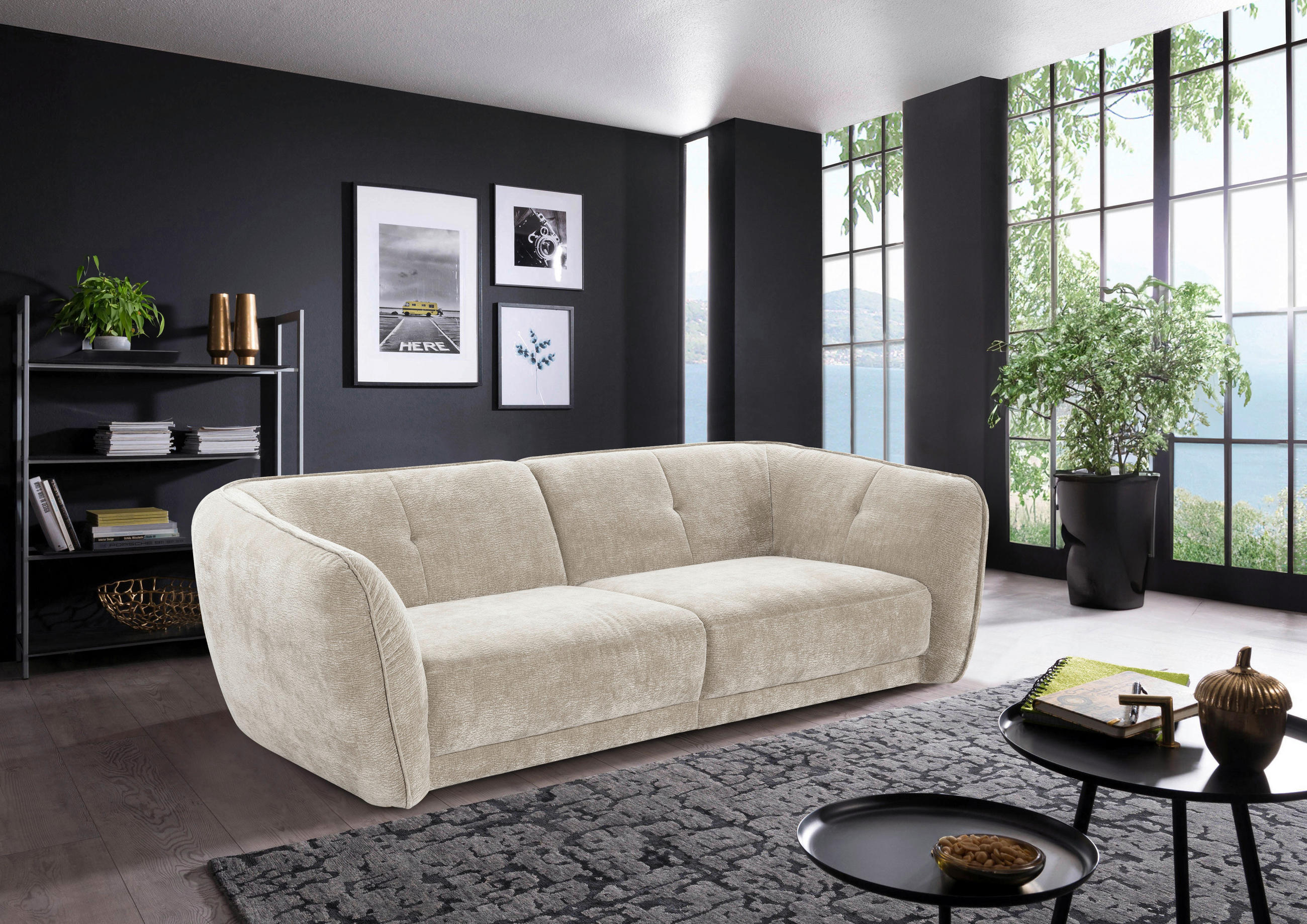 BIGSOFA in Chenille Creme  - Creme/Schwarz, Konventionell, Kunststoff/Textil (290/86/121cm) - Sit & More