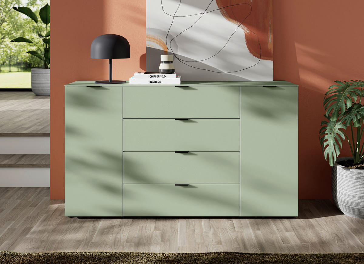 SIDEBOARD  160/94/40 cm 4 Schublade(n)  - Salbeigrün/Schwarz, Basics, Glas/Holzwerkstoff (160/94/40cm) - Novel