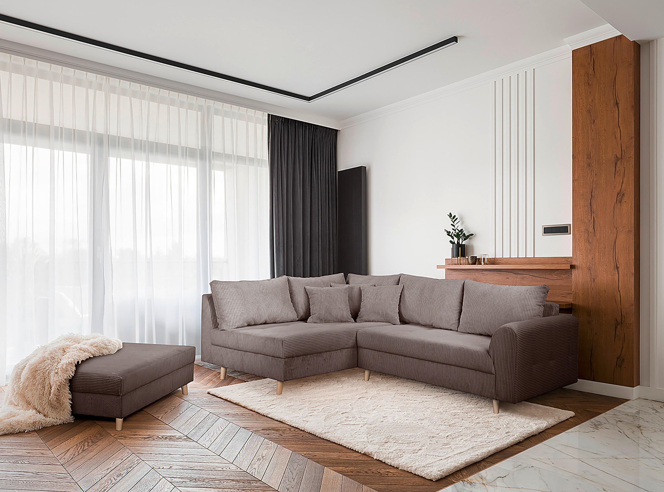 ECKSOFA inkl. Hocker Ariella Braun Cord  - Naturfarben/Braun, Design, Holz/Textil (161/231cm) - Livetastic