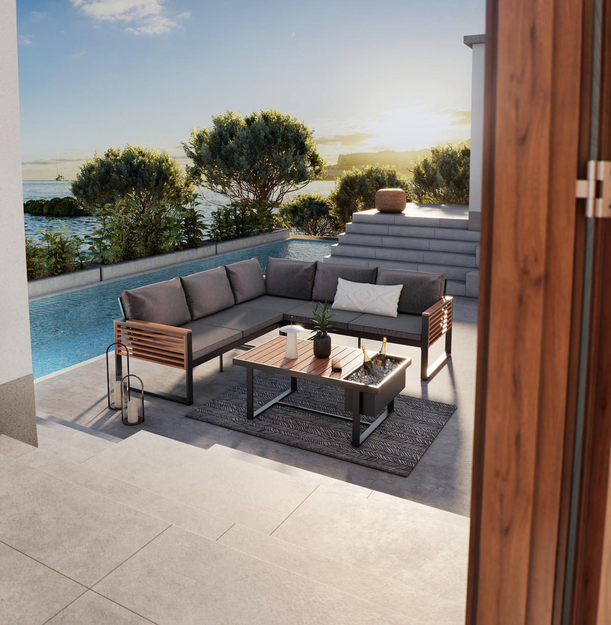 LOUNGE GARNITÚRA  235/235 cm   - natúr/fekete, Modern, textil/fa (235/235cm) - Ambia Garden