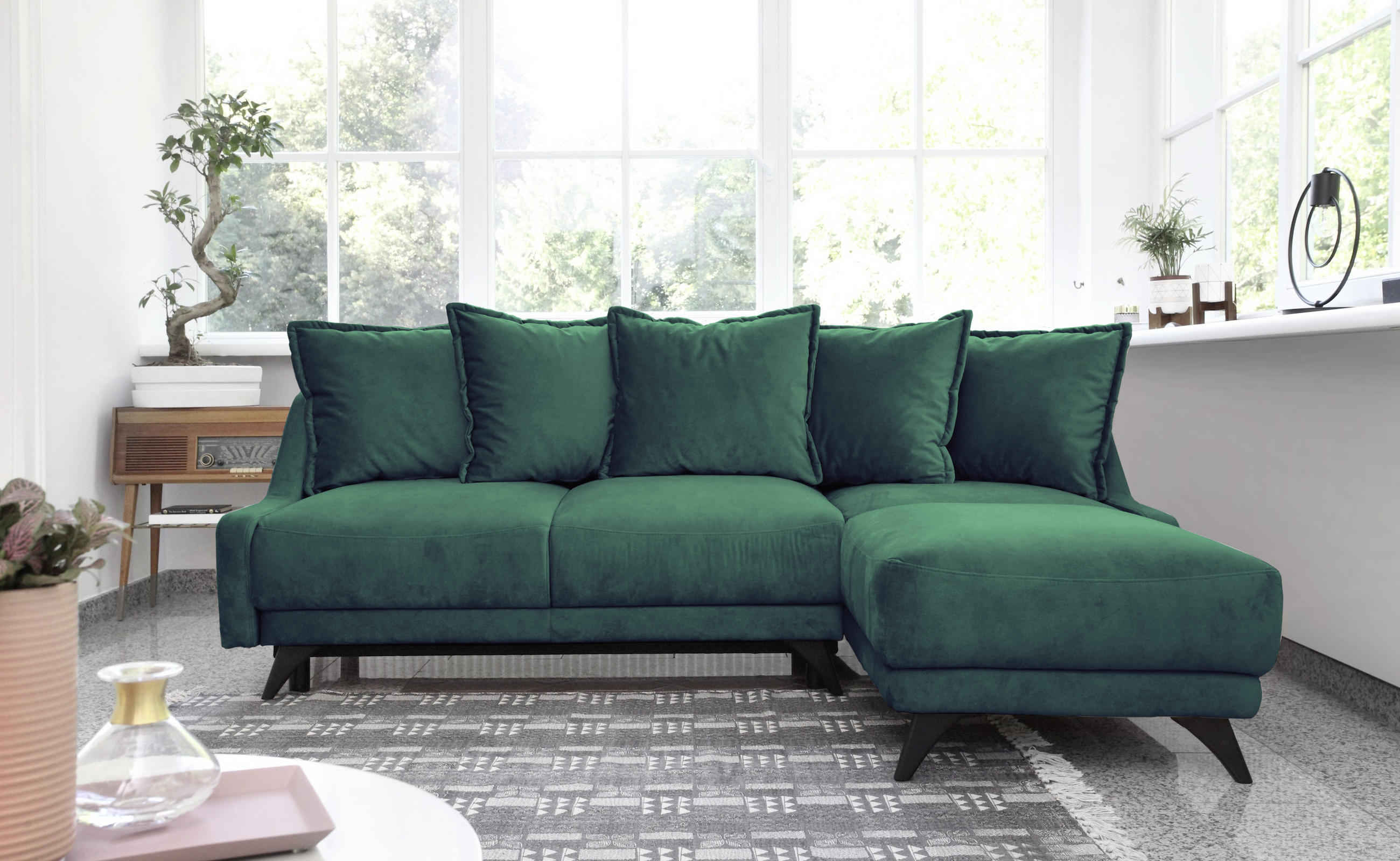 ECKSCHLAFSOFA Smaragdgrün Velours - Smaragdgrün/Schwarz, Basics, Holz/Textil (225/80/90/155cm) - MID.YOU