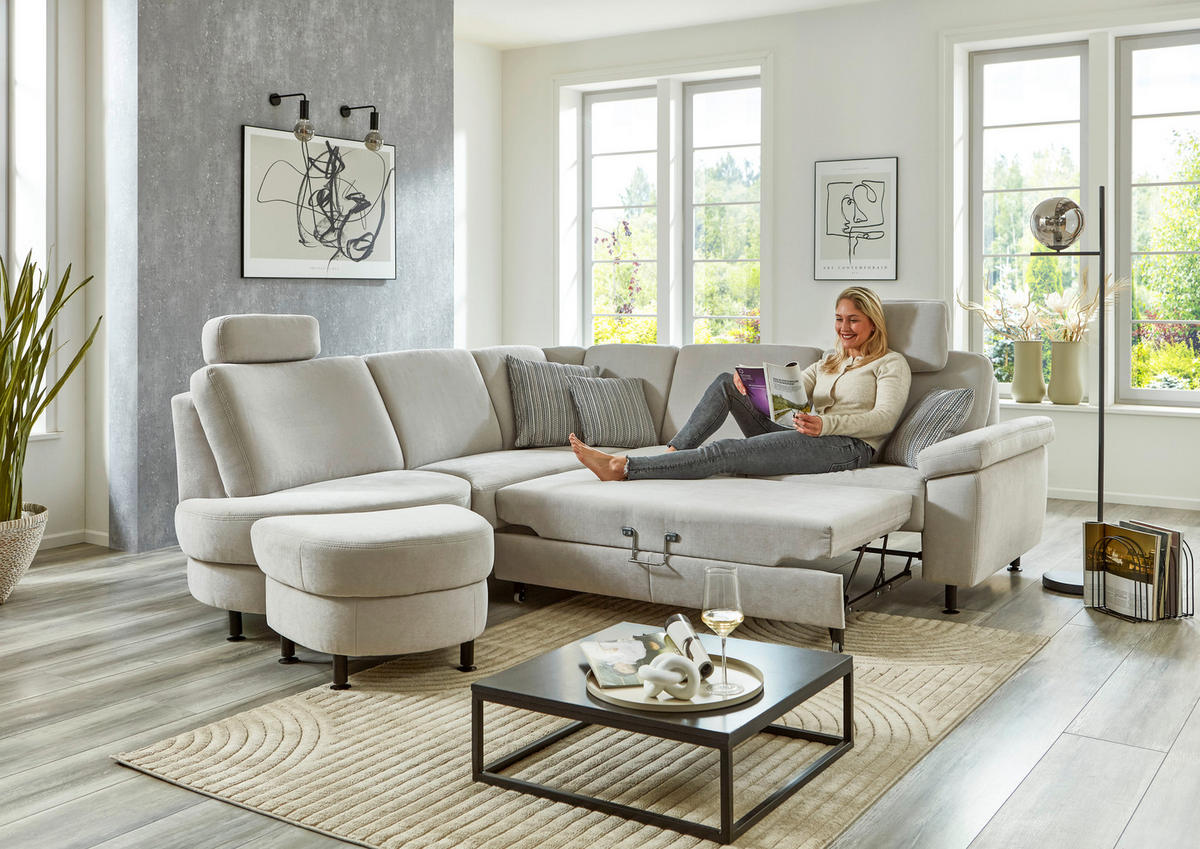 ECKSOFA Hellgrau Flachgewebe  - Hellgrau/Schwarz, KONVENTIONELL, Textil/Metall (252/248cm) - Beldomo Comfort