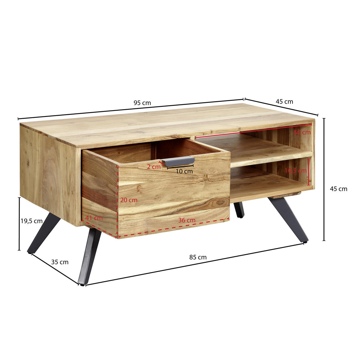 COUCHTISCH in Holz 95/45/45 cm  - Naturfarben/Grau, Konventionell, Holz/Metall (95/45/45cm) - MID.YOU