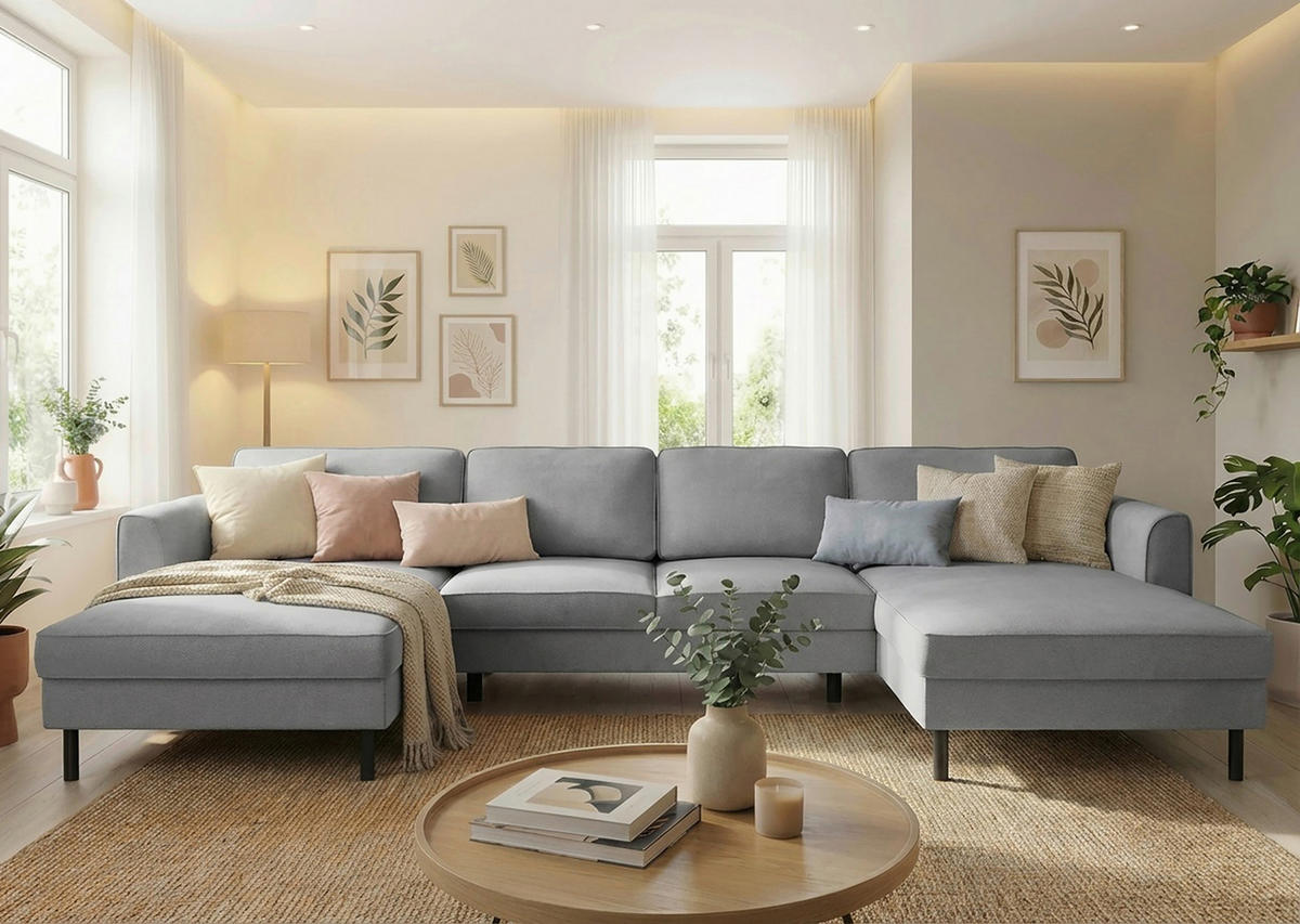 WOHNLANDSCHAFT Schlammfarben Struktur  - Schlammfarben/Schwarz, MODERN, Textil/Metall (161/306/161cm) - Trendmanufaktur