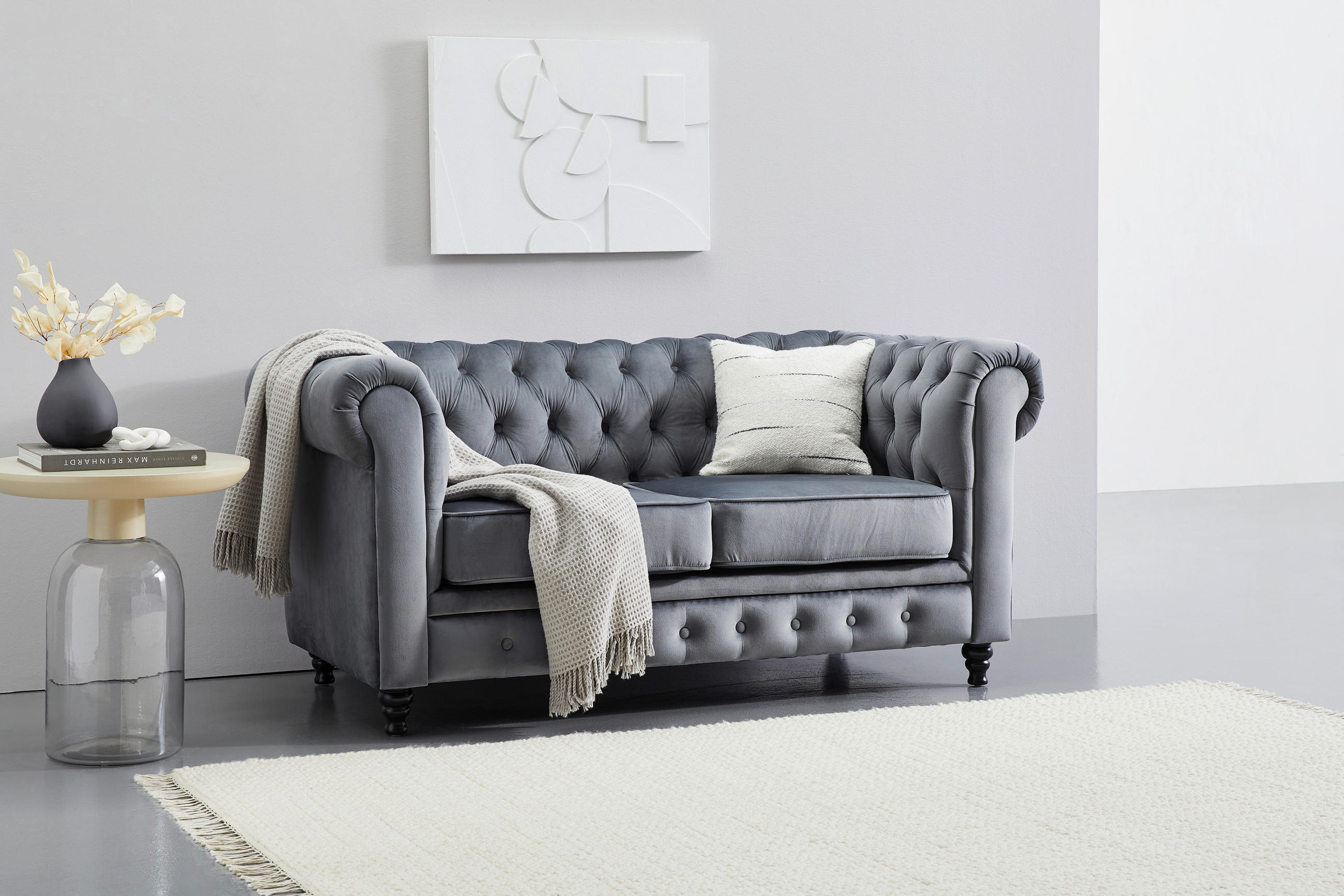 ZOFA CHESTERFIELD,  siva, črna les, tekstil  - siva/črna, Trend, tekstil/les (165/73/87cm) - Xora