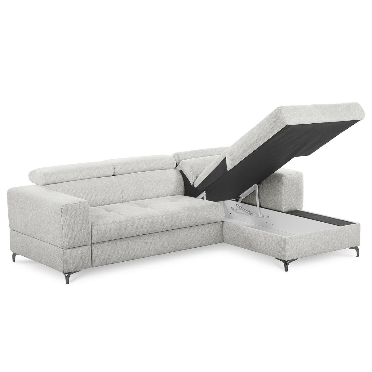 ECKSOFA TORINO Hellgrau Chenille Bettkasten, Kopfteilverstellung  - Schwarzchrom/Hellgrau, Design, Textil/Metall (247/173cm) - Livetastic
