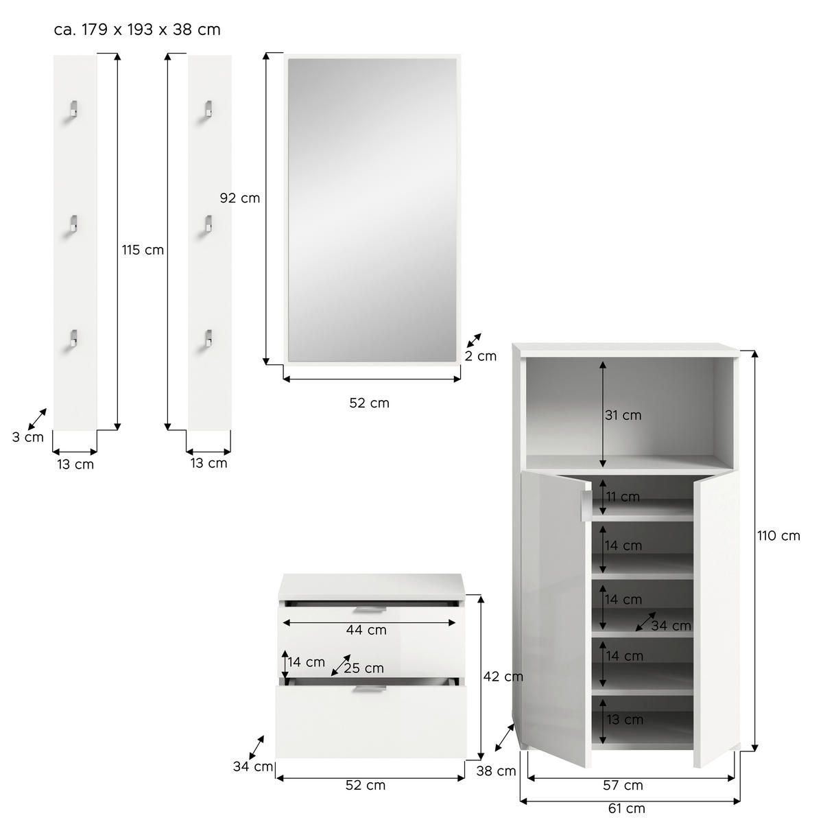 GARDEROBE 5-teilig  in 179/193/37 cm  - Weiß Hochglanz/Weiß, Design, Holzwerkstoff (179/193/37cm) - Livetastic