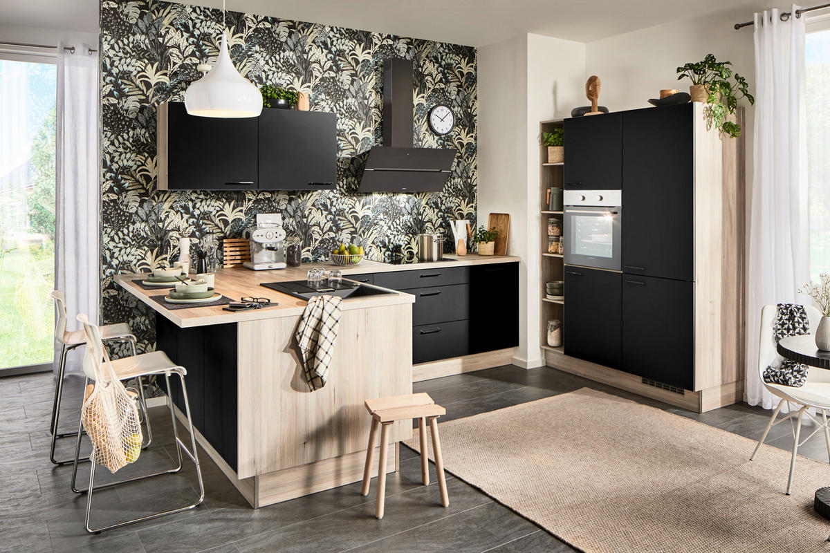 ECKKÜCHE  in Schwarz, Tannenholzfarben  - Tannenholzfarben/Schwarz, Design, Holzwerkstoff/Metall (121,6/280/150cm) - Xora