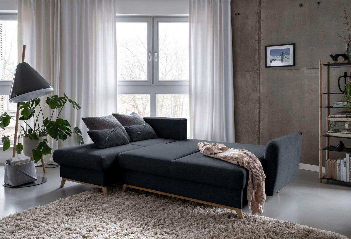 Colțar, textil, gri închis, 157/235 cm - gri închis/culoare natur, lemn/textil (157/235cm) - MID.YOU