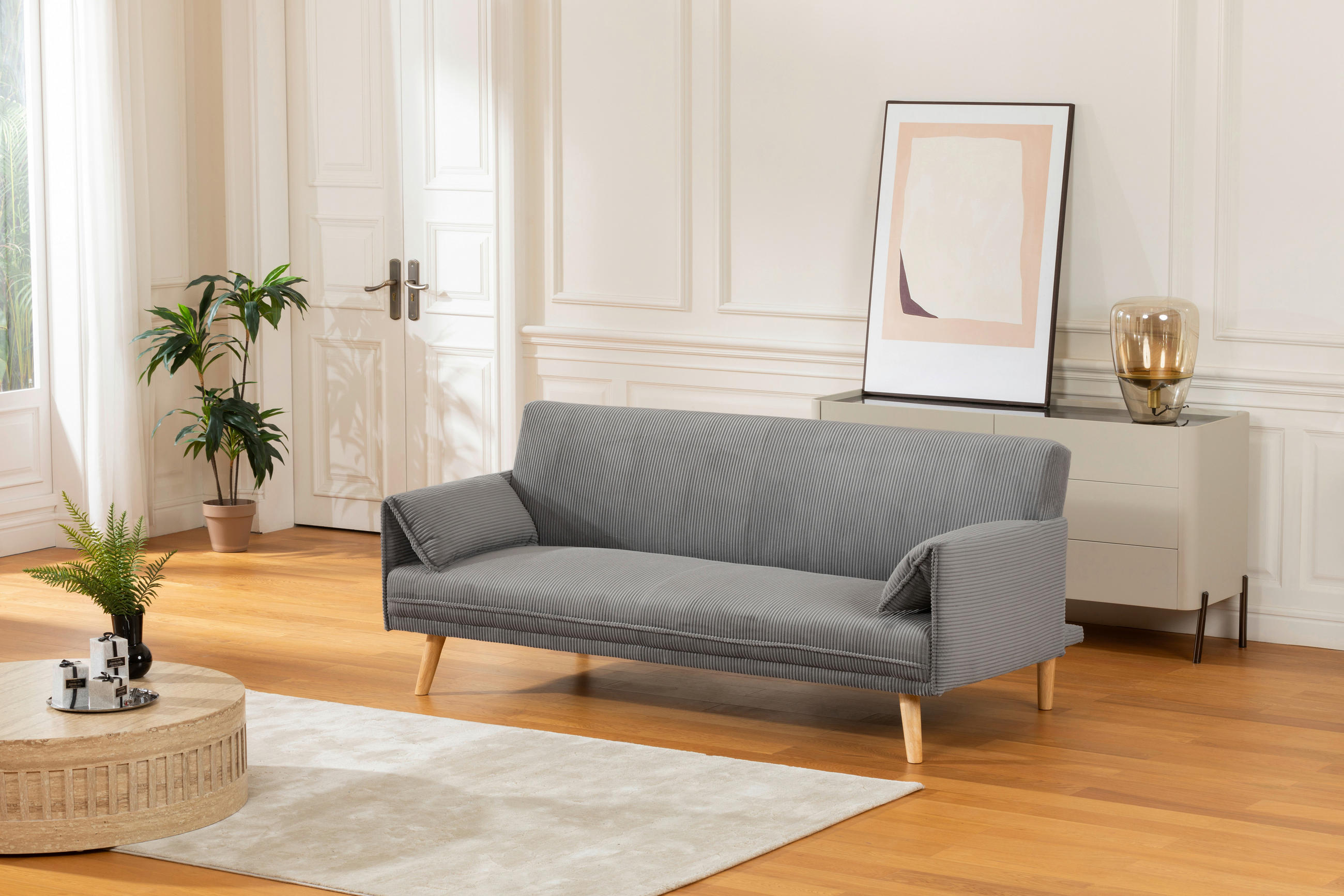 SCHLAFSOFA Cord Grau  - Naturfarben/Grau, Design, Holz/Textil (193/81/92cm) - Livetastic